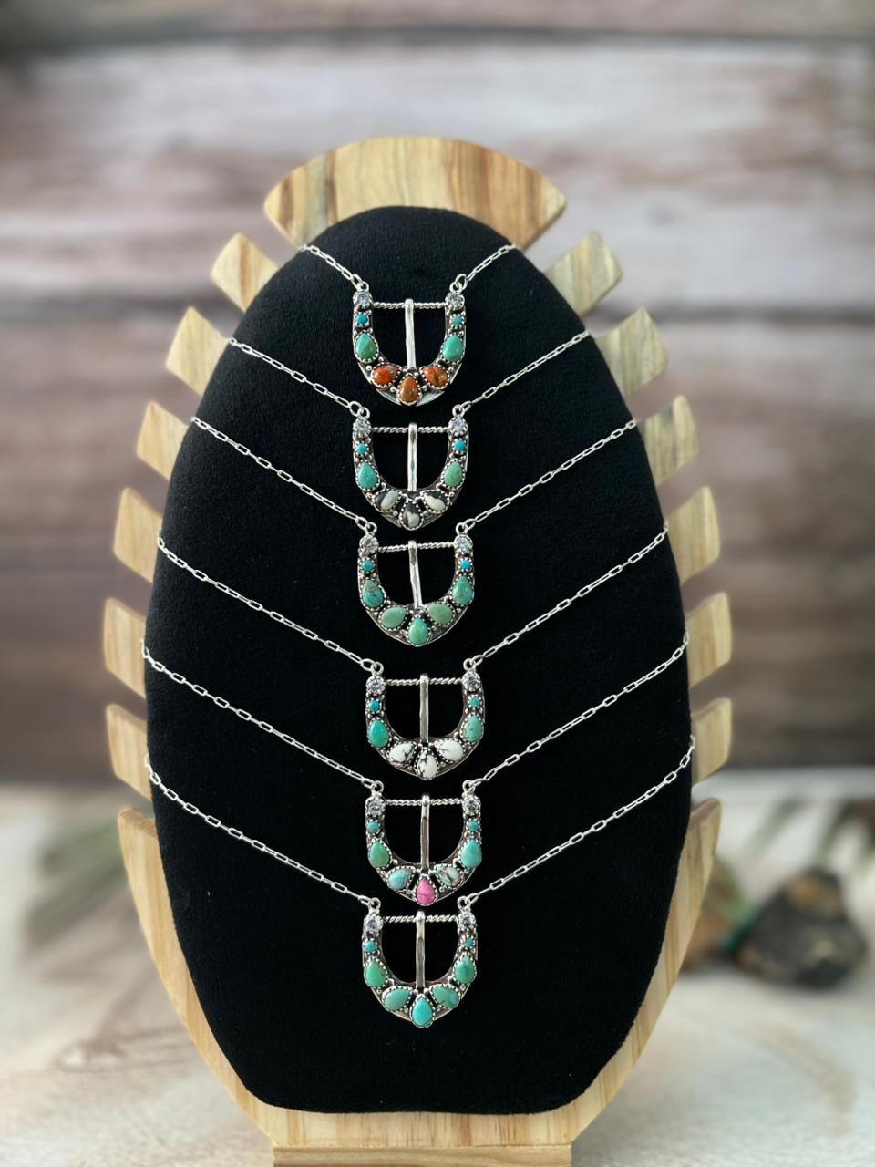 Handmade Sterling Silver Multi Stone Buckle Necklace "Signed Nizhoni"