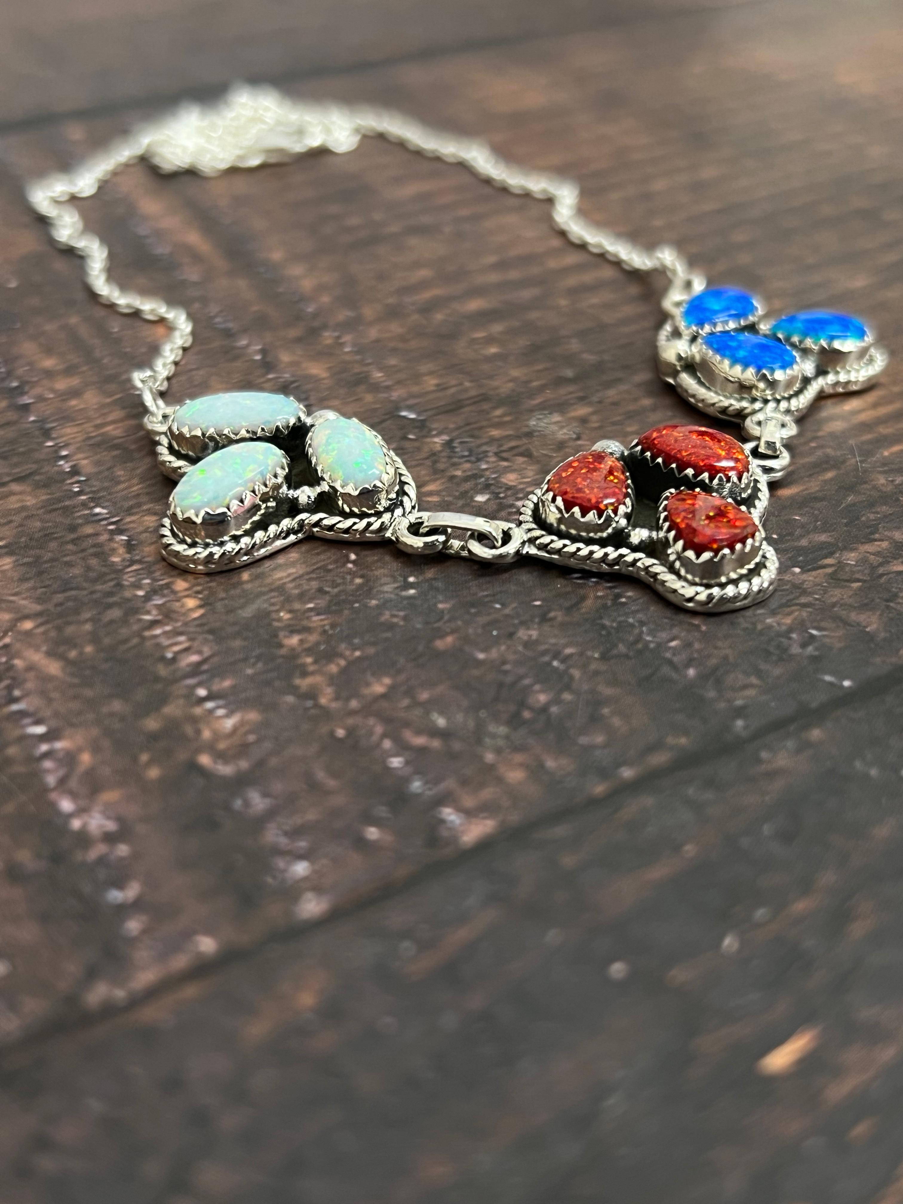 ** 4TH OF JULY ** Handmade Sterling Silver Synthetic Opal Necklace with Signed Nizhoni