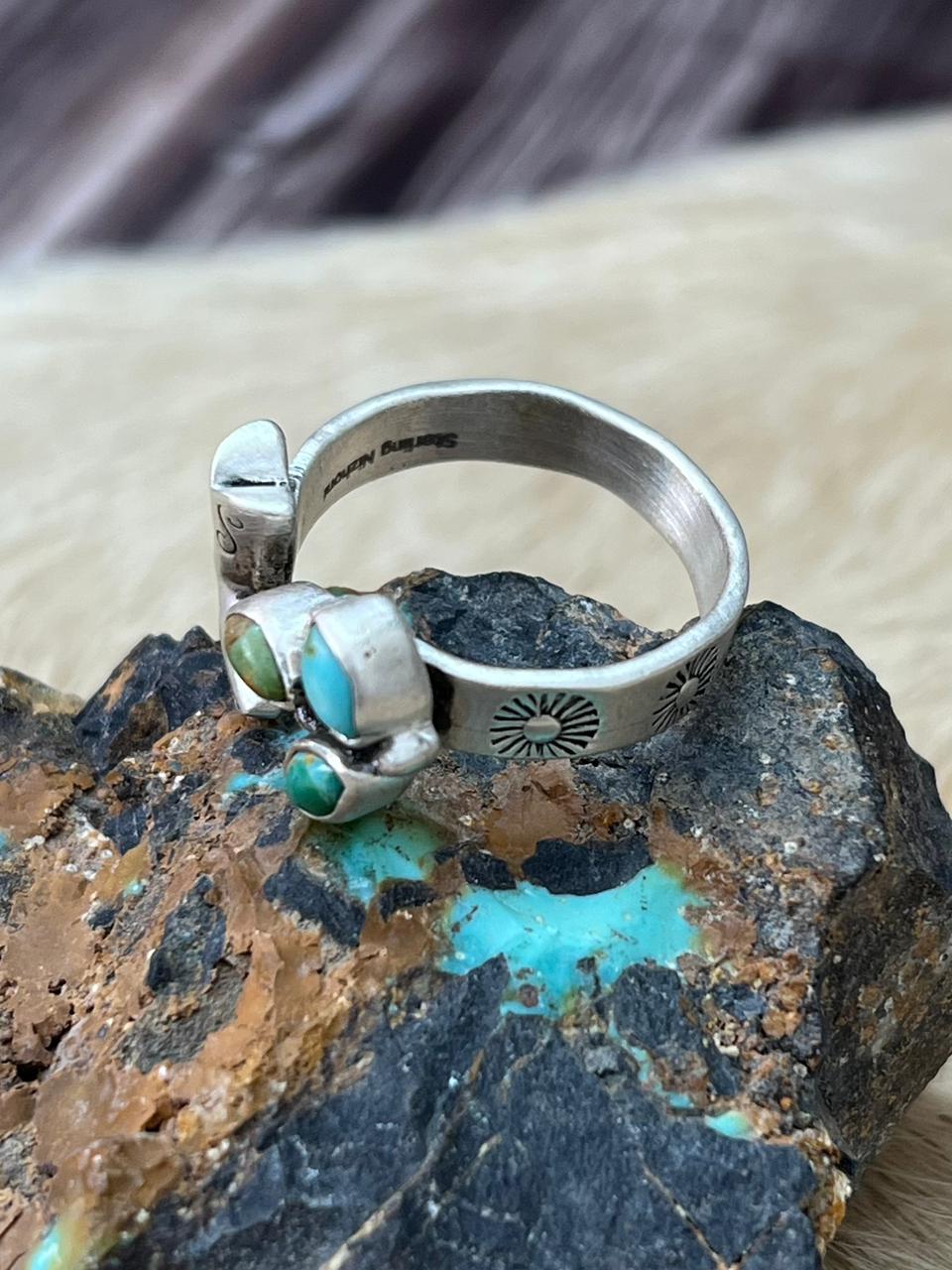 Handmade Sterling Silver Kingman Turquoise Adjustable Ring "Signed Nizhoni"