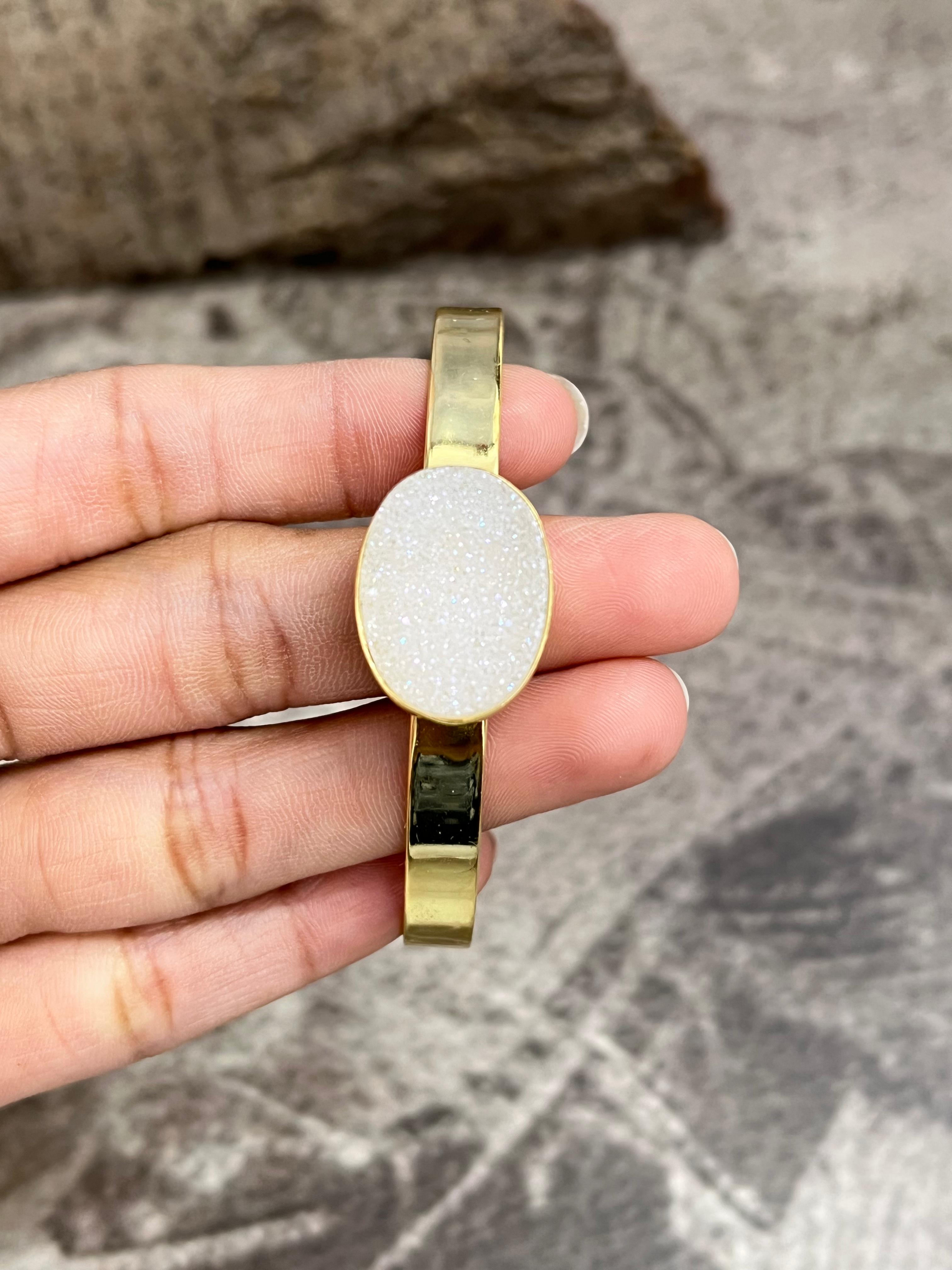 “The Boho Collection” Handmade Natural Gold Plated White Druzy Cuff Bracelet