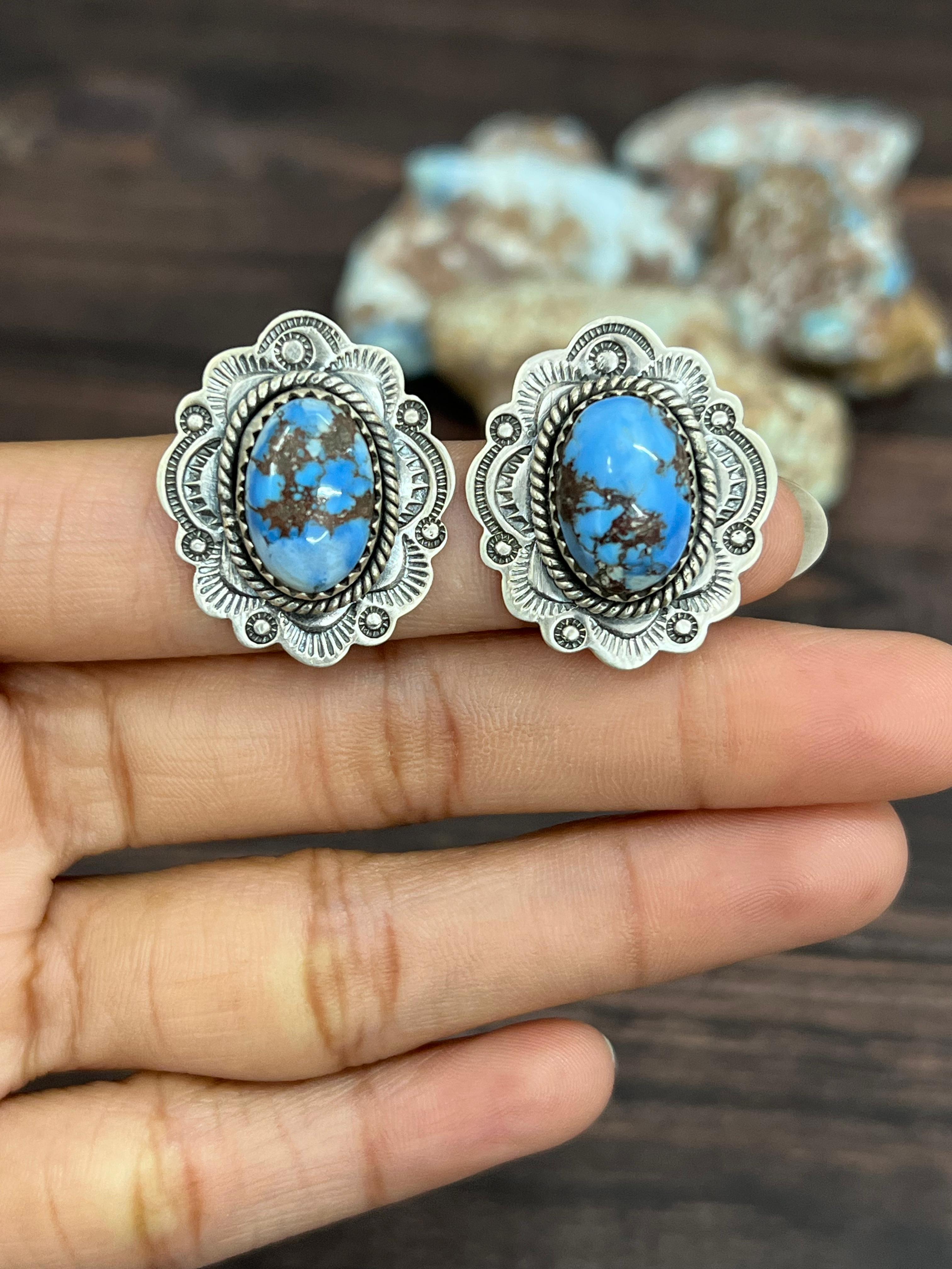 Handmade Sterling Silver Golden Hills Turquoise Post Studs with Signed Nizhoni