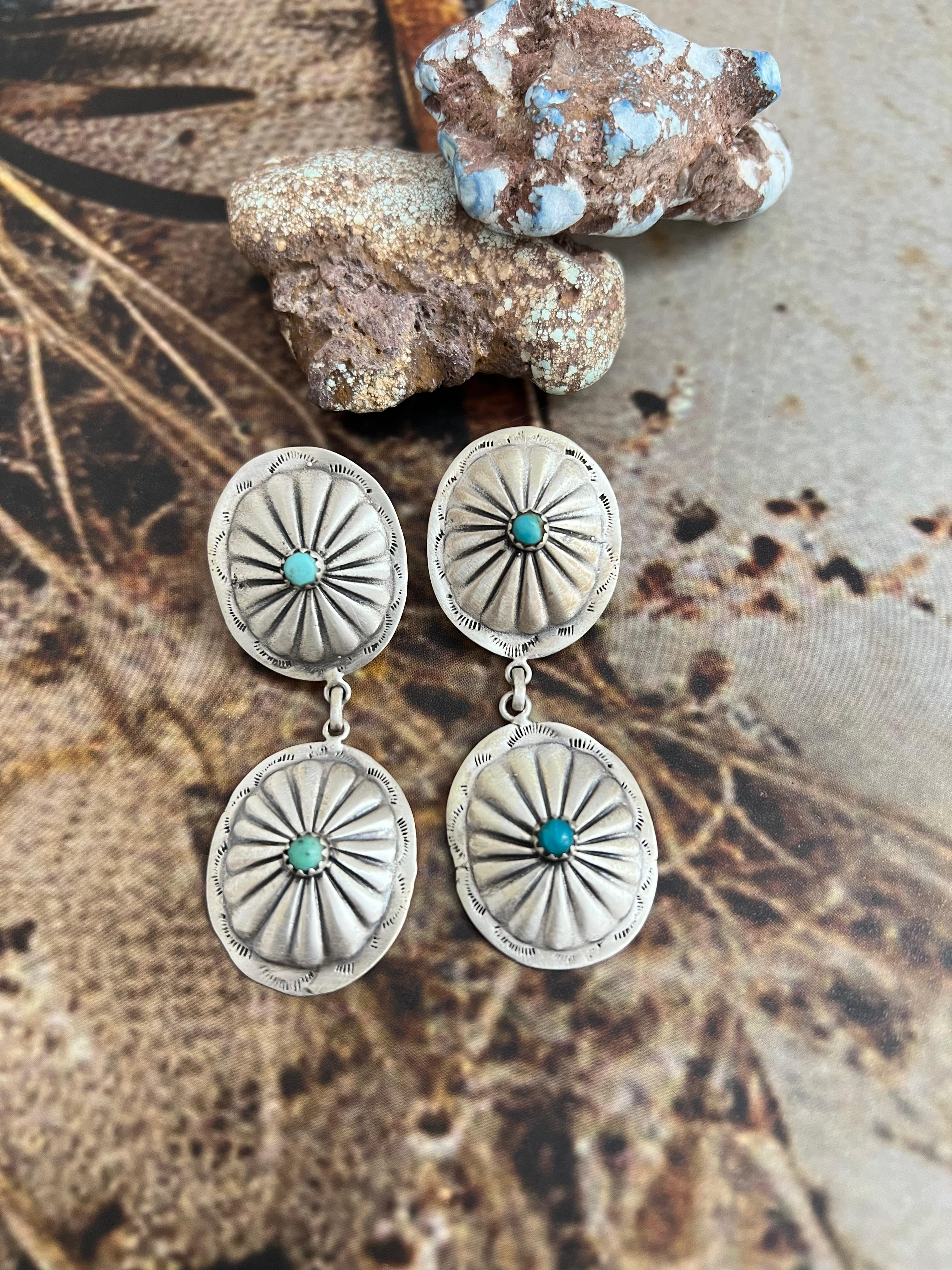 Handmade Sterling Silver Kingman Turquoise Post Dangle Earrings with Signed Nizhoni