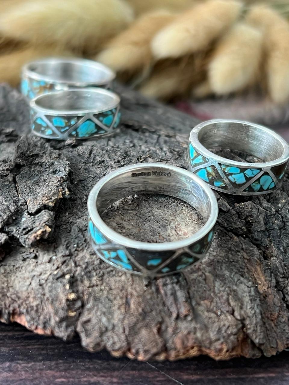 Handmade Sterling Silver Number 8 Turquoise INLAY BAND Ring "Signed Nizhoni"