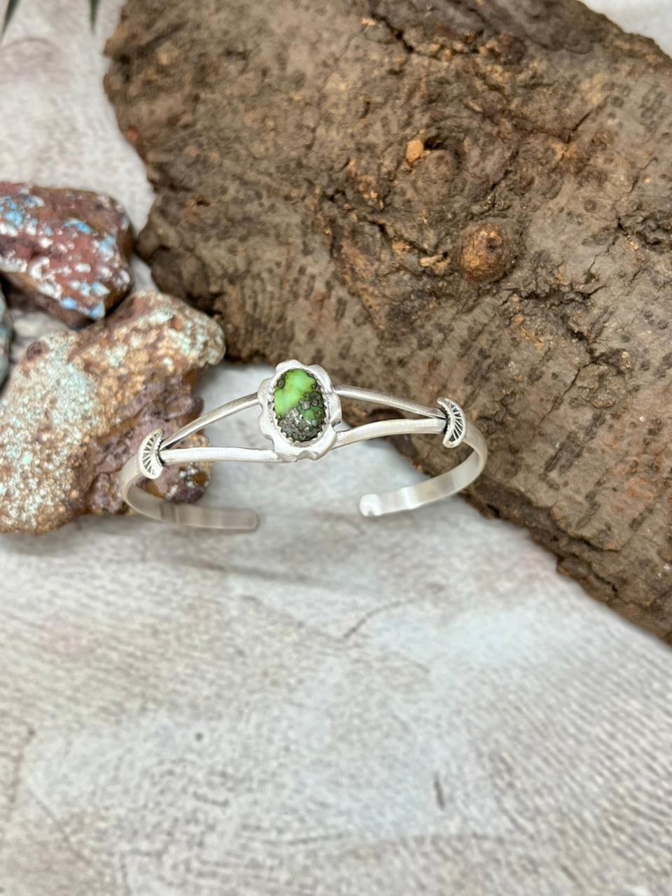 Handmade Sterling Silver Sonoran Mountain Turquoise Cuff Bracelet with Signed Nizhoni