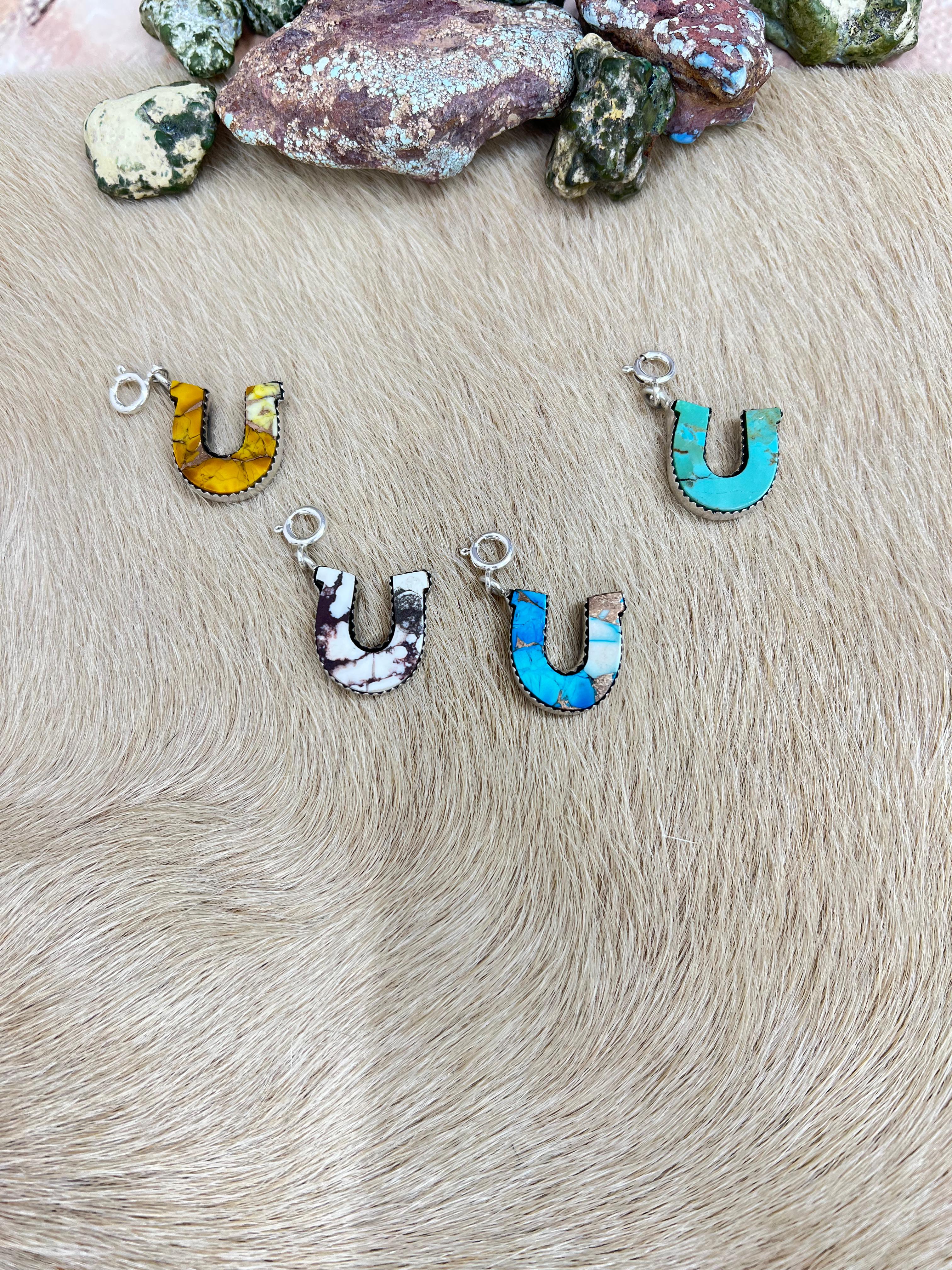 Handmade Horseshoe Sterling Silver Ice Blue Dahlia, Wild Horse, Kingman, Honey Dahlia Charms with Signed Nizhoni