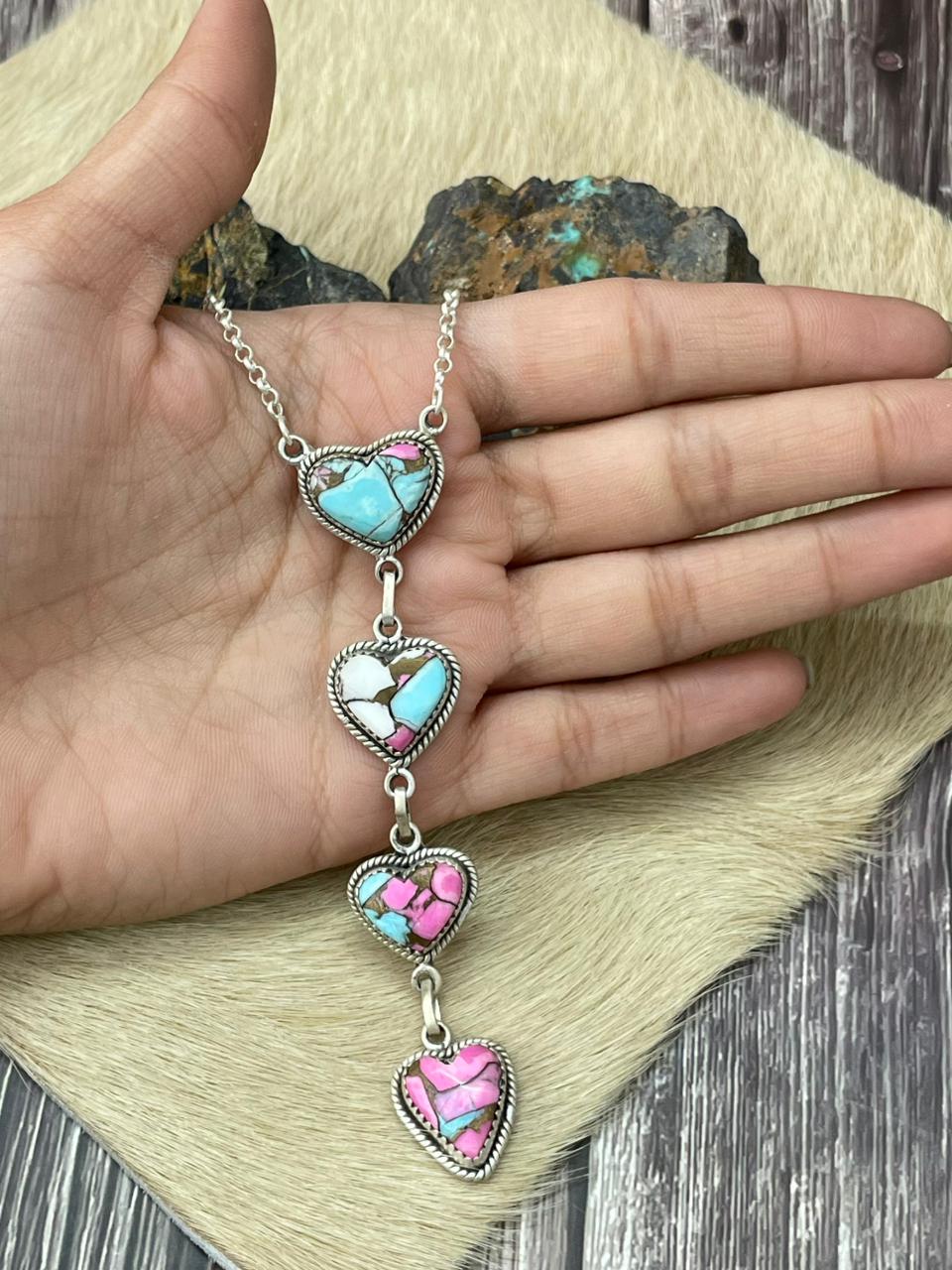 Handmade Sterling Silver Cotton Candy Heart Drop Necklace "Signed Nizhoni"
