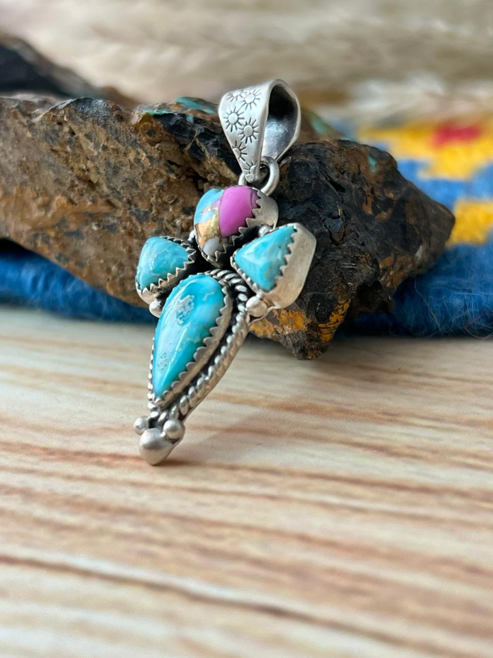 Handmade Sterling Silver Cotton Candy with White Water Turquoise Pendant "Signed Nizhoni"