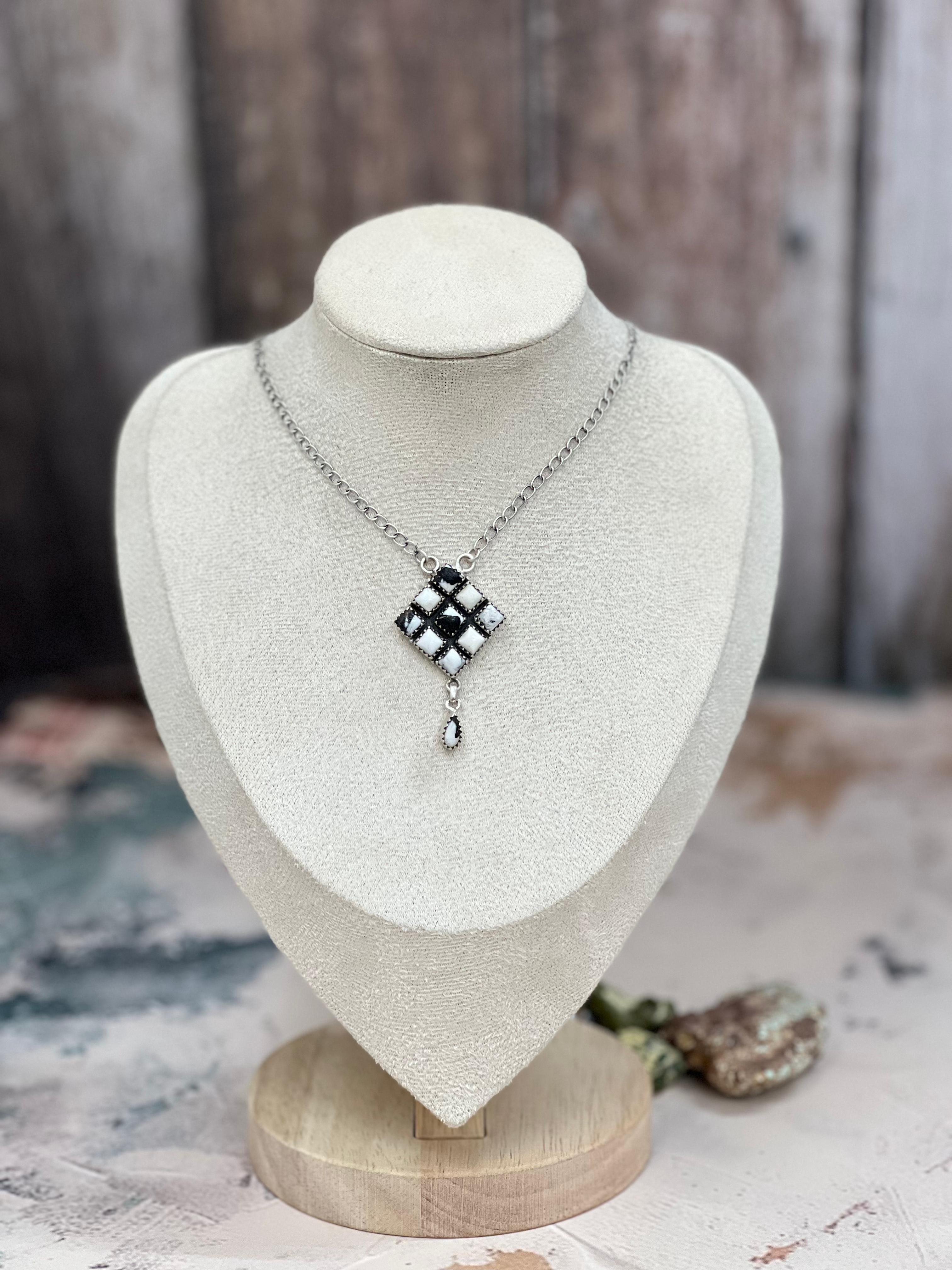 Handmade Sterling Silver White Buffalo Turquoise Necklace with Signed Nizhoni