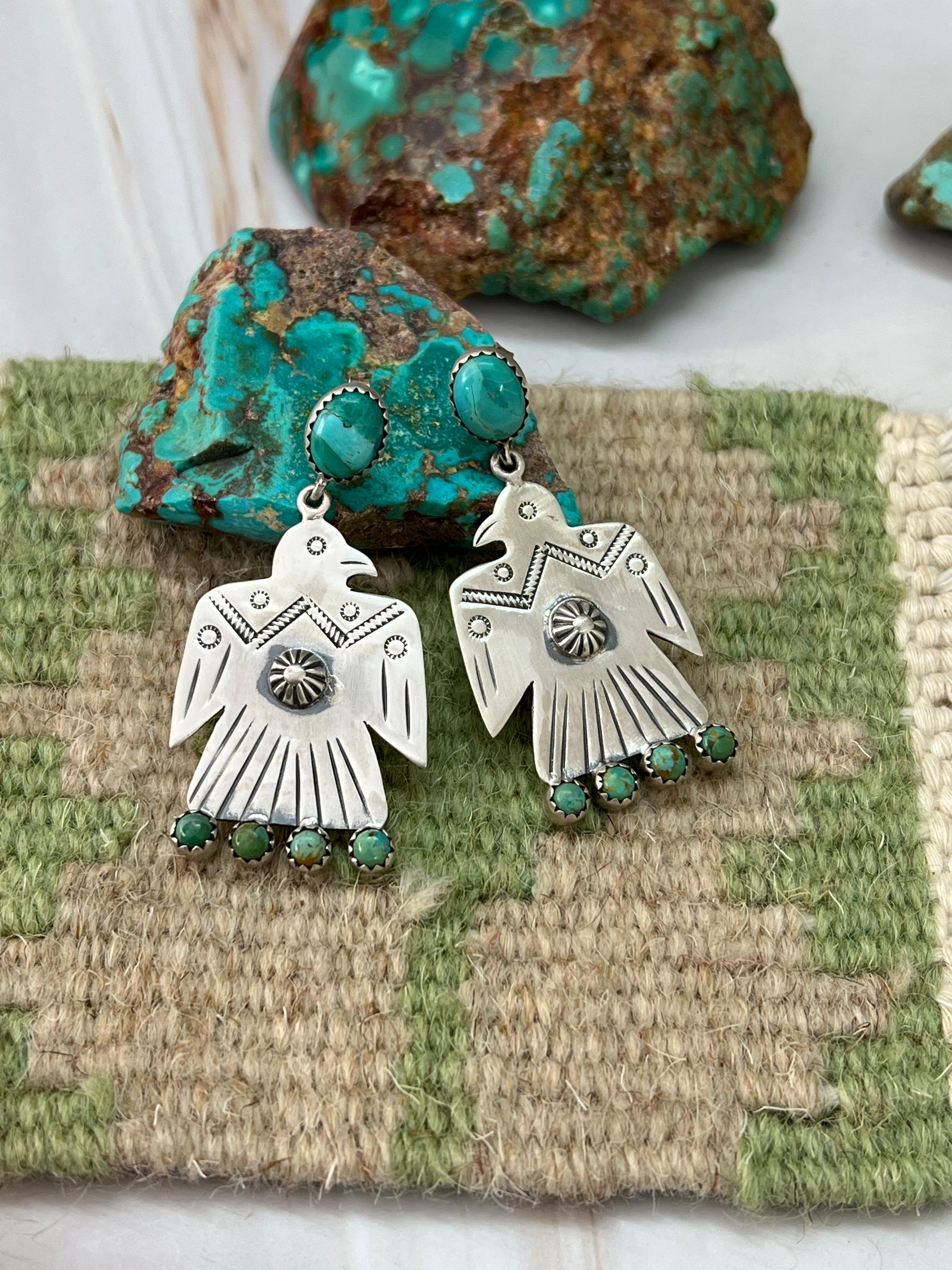 Handmade Sterling Silver Kingman Turquoise Thunder Bird Post Dangle Earrings with Signed Nizhoni