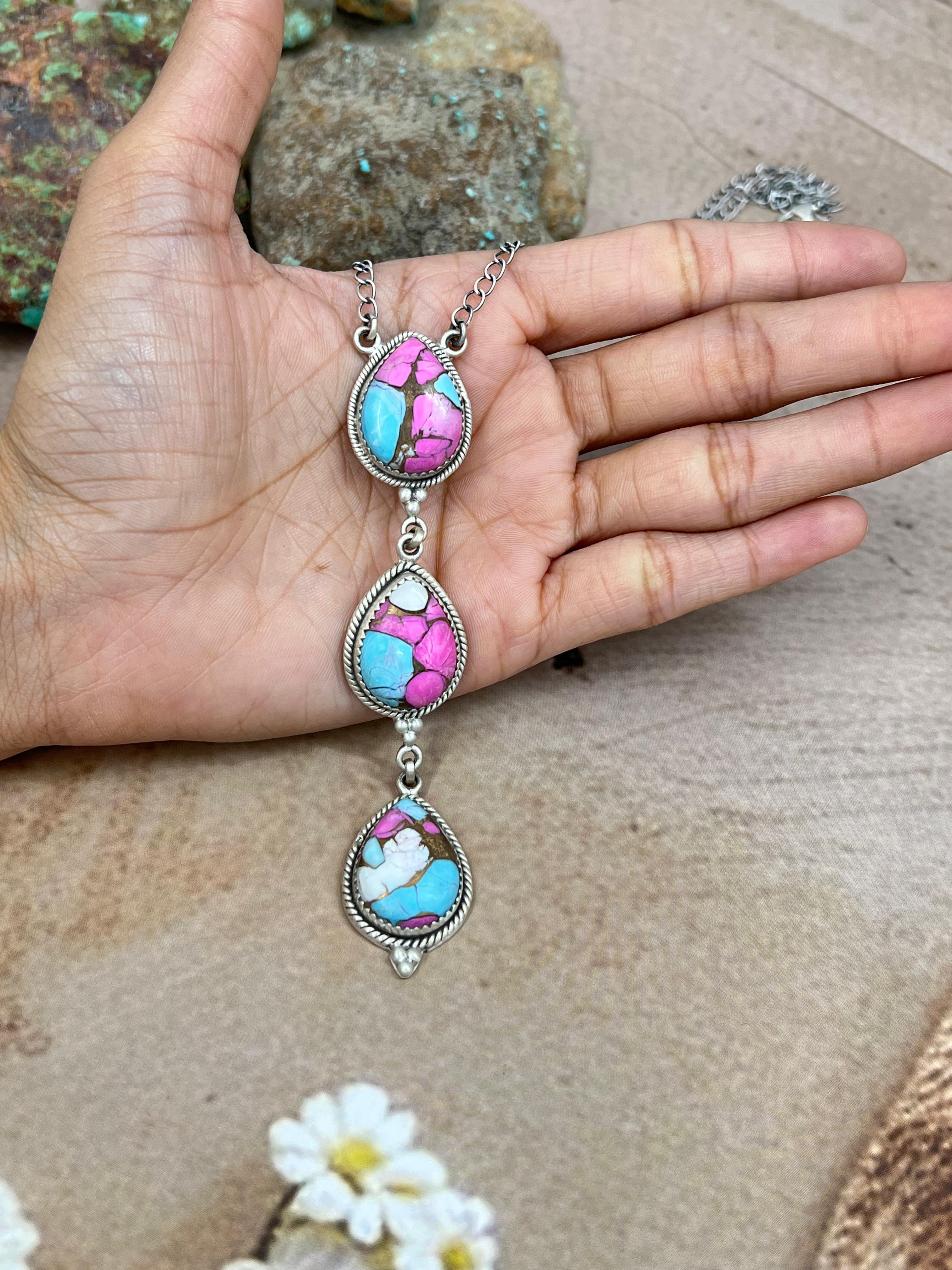 Handmade Sterling Silver Cotton Candy Turquoise Necklace with Signed Nizhoni