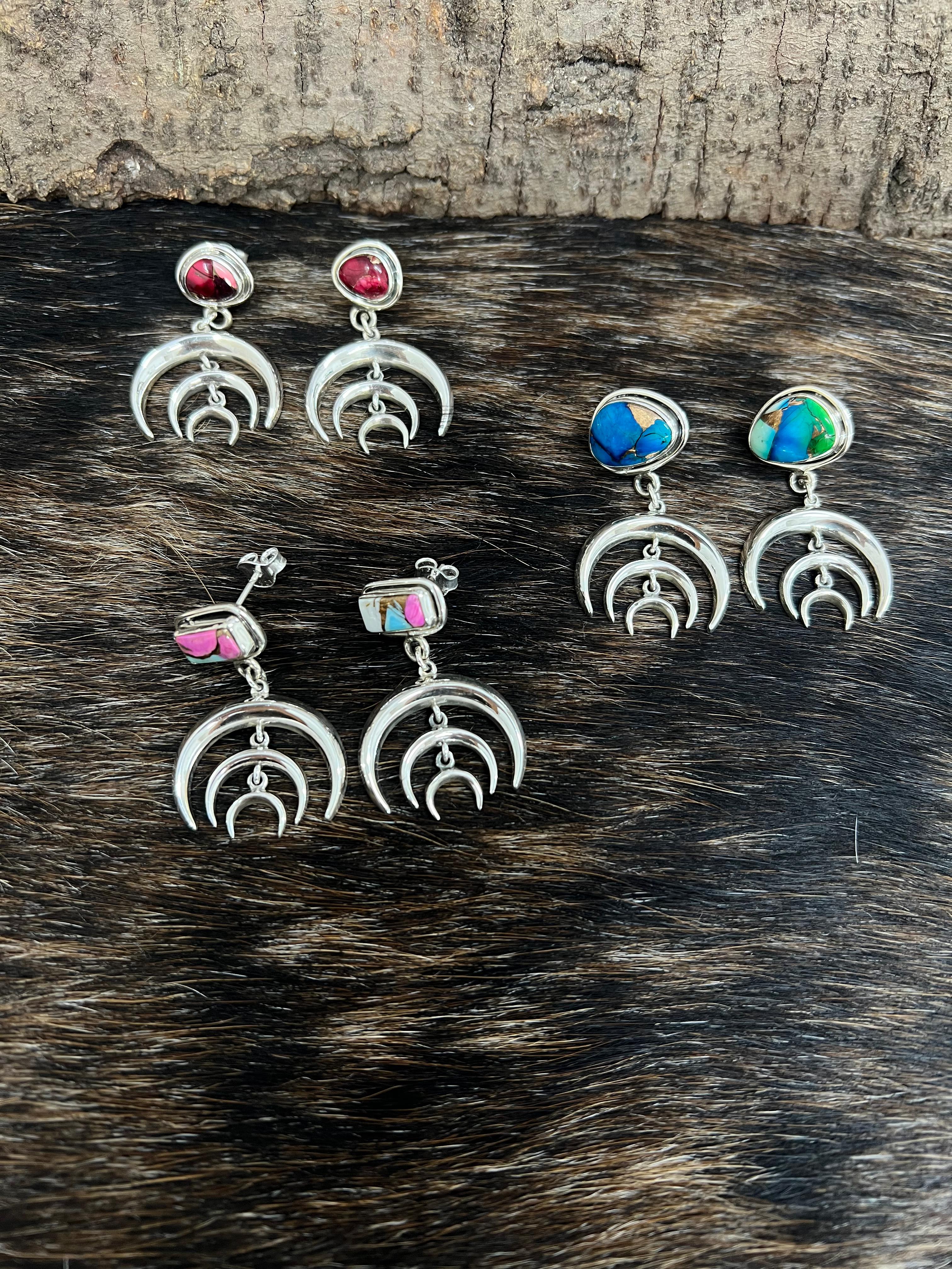 Handmade Sterling Silver Peacock Dahlia, Cotton Candy, Dahlia Rose Moon Shape Earrings, Signed Nizhoni