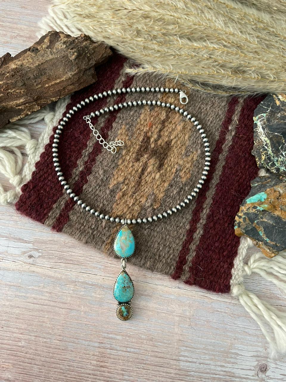 Handmade Sterling Silver Royston Ribbon Turquoise Beaded Necklace "Signed Nizhoni"