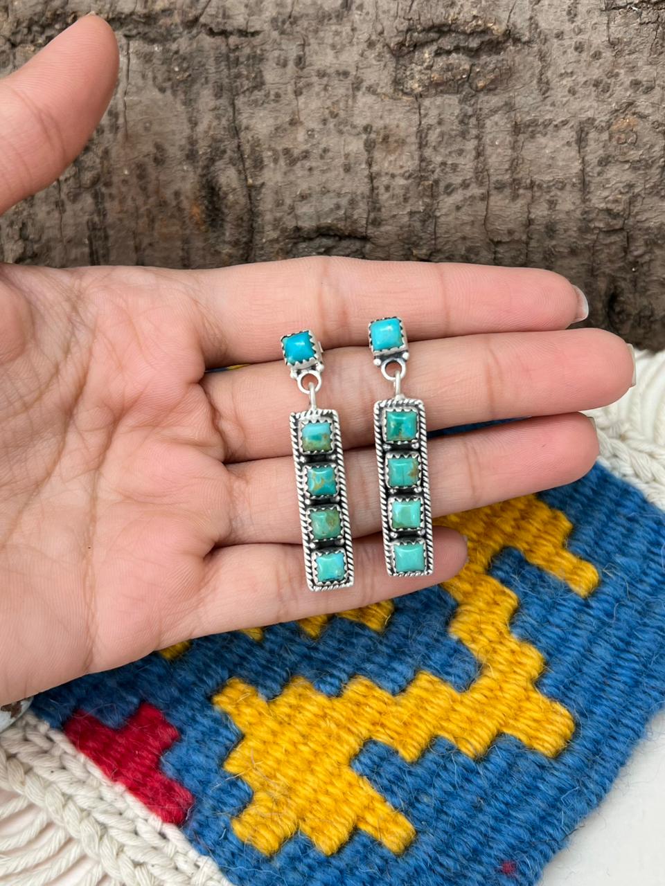 Handmade Sterling Silver Kingman Turquoise Post Dangle Earrings "Signed Nizhoni"