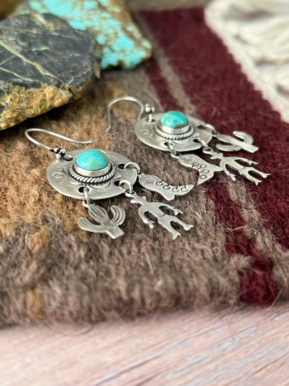 Handmade Sterling Silver Kingman Turquoise Hook Dangle Earrings "Signed Nizhoni"