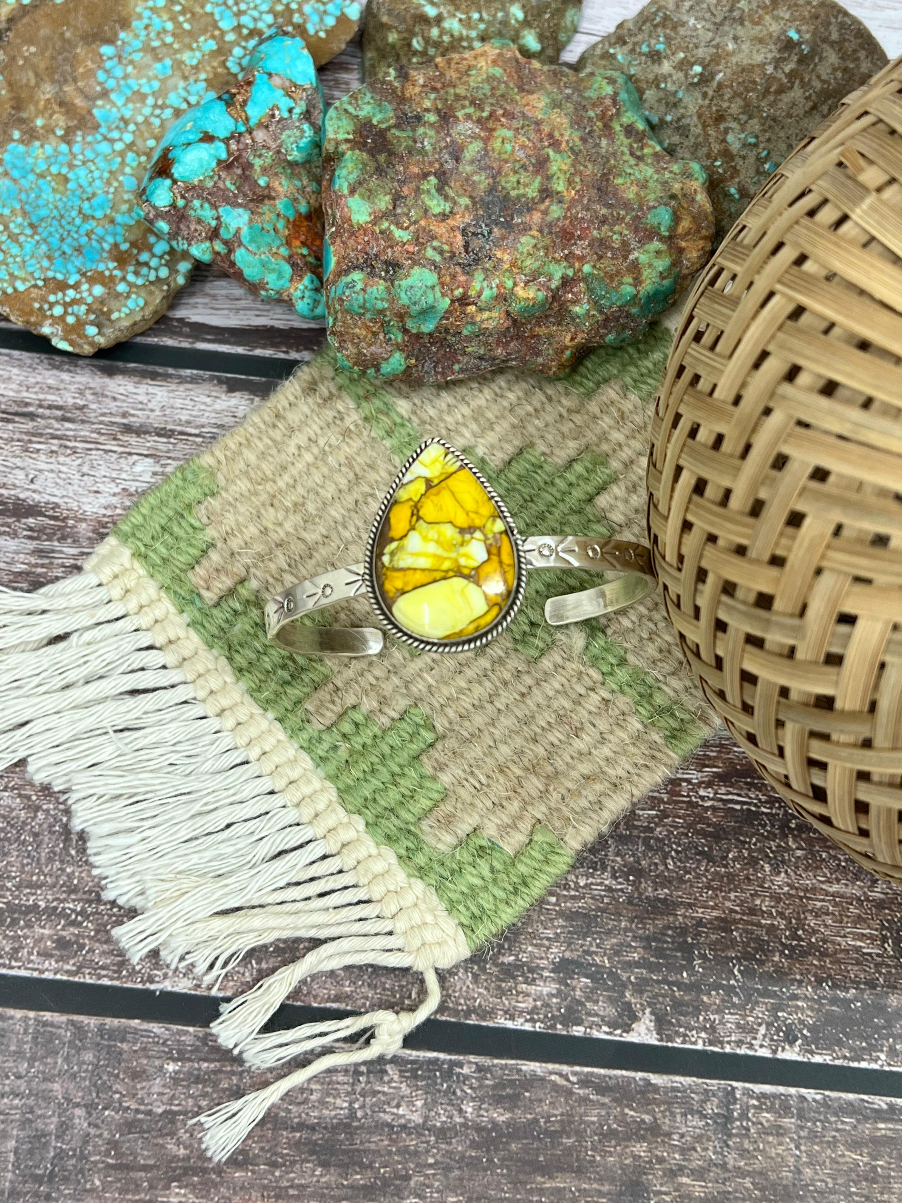 Handmade Sterling Silver Honey Dahlia Cuff Bracelet with Signed Nizhoni