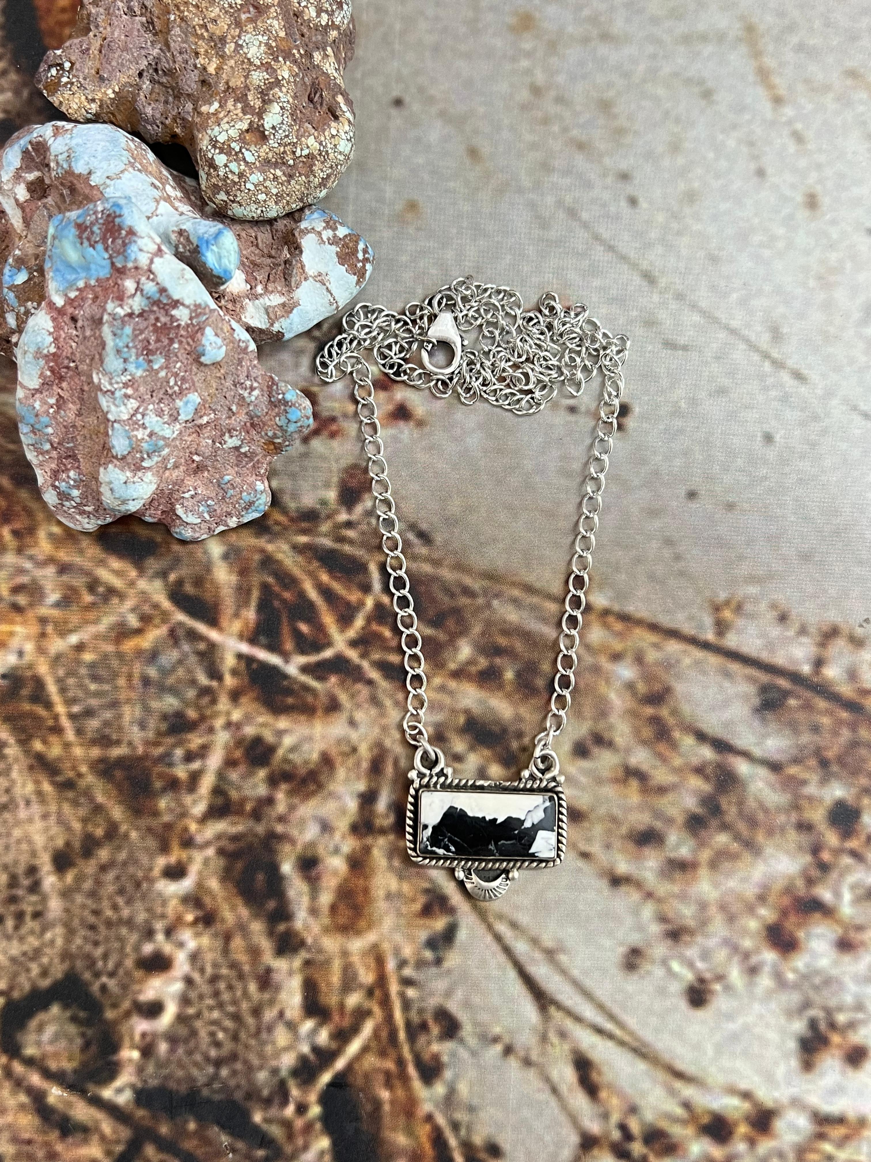 Handmade Sterling Silver White Buffalo Bar Necklace with Signed Nizhoni