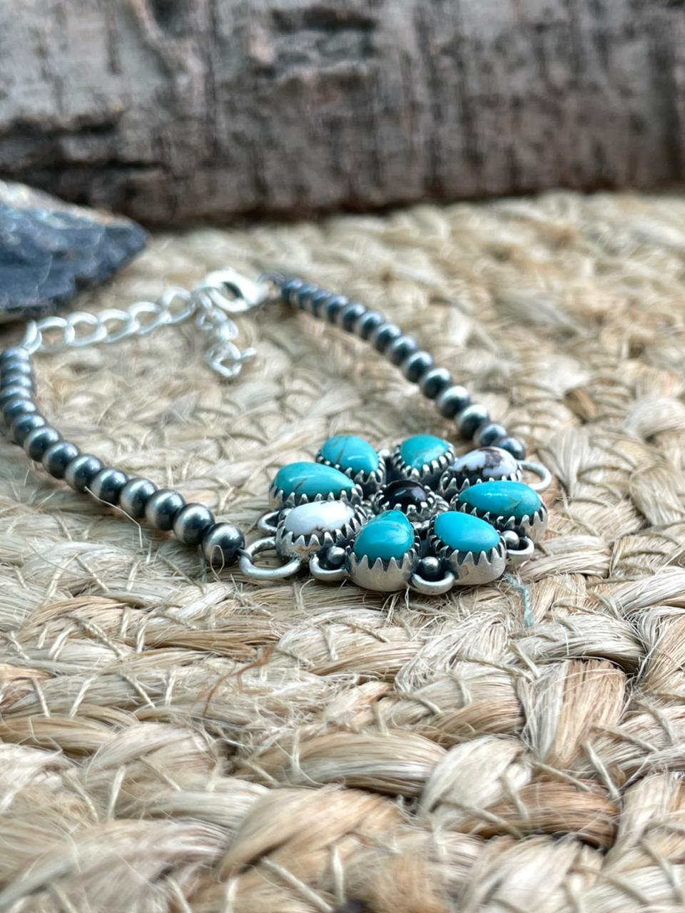 Handmade Sterling Silver Beaded Kingman with Wildhorse, Black Onyx Chain Bracelet "Signed Nizhoni"