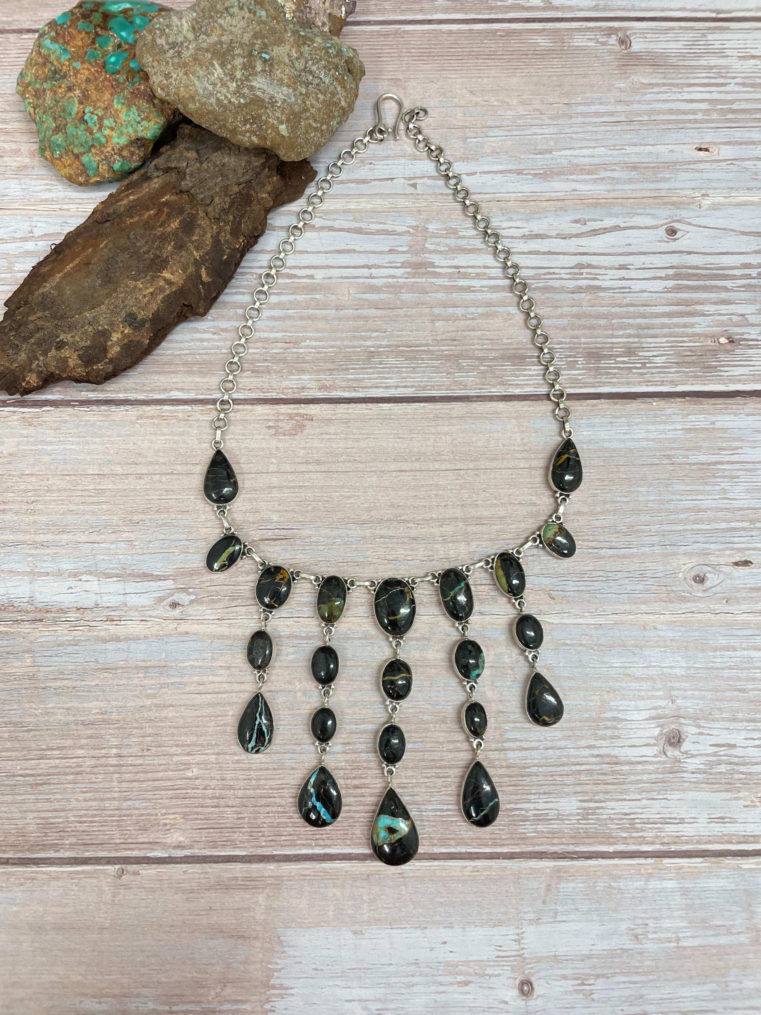 Handmade Sterling Silver Blackjack Turquoise Necklace Signed Nizhoni