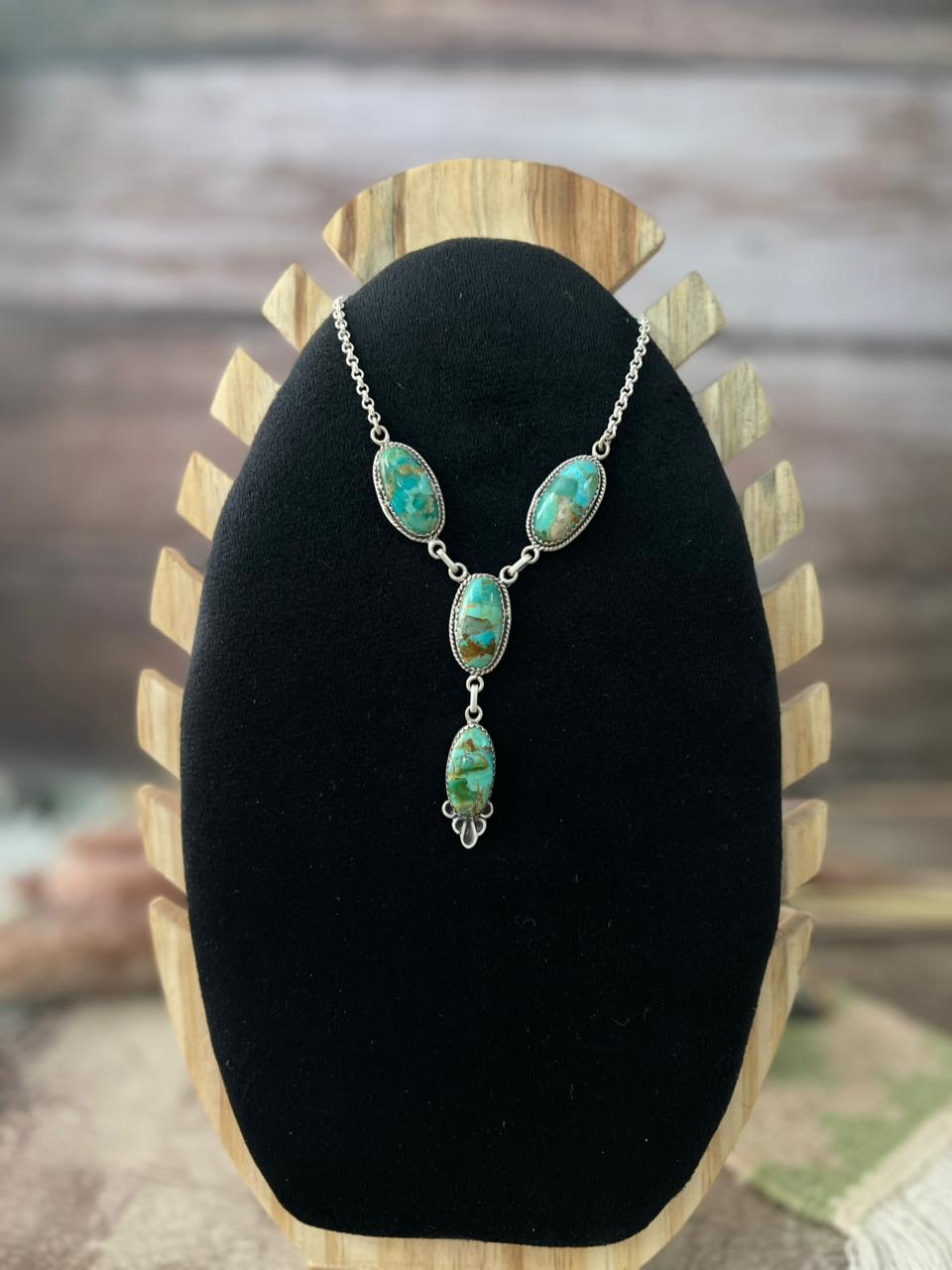 Handmade Sterling Silver Kingman Turquoise Drop Necklace "Signed Nizhoni"