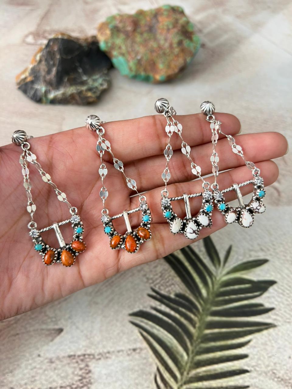 Handmade Sterling Silver Multi Stone Post Dangle Earrings "Signed Nizhoni"