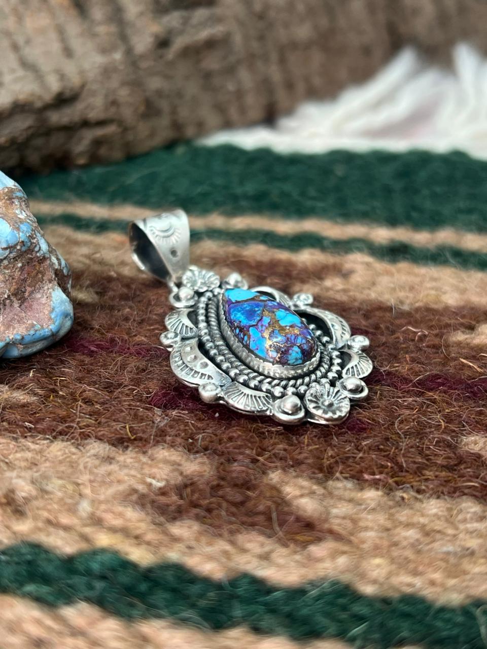 Handmade Sterling Silver Purple Copper Turquoise Pendant "Signed Nizhoni"