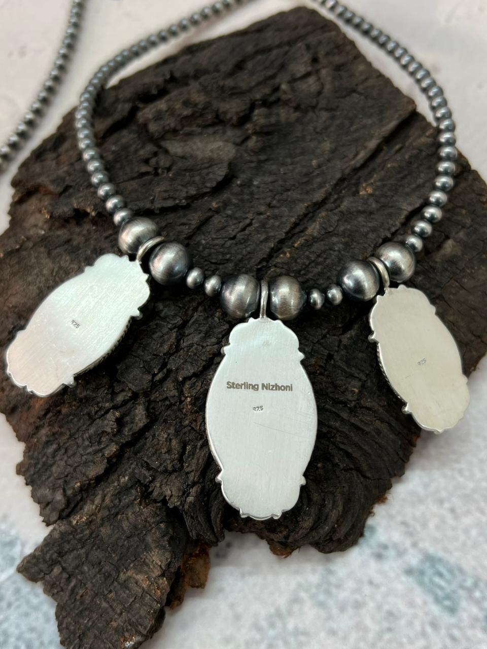 Handmade Sterling Silver Beaded Emerald Rose Necklace "Signed Nizhoni"