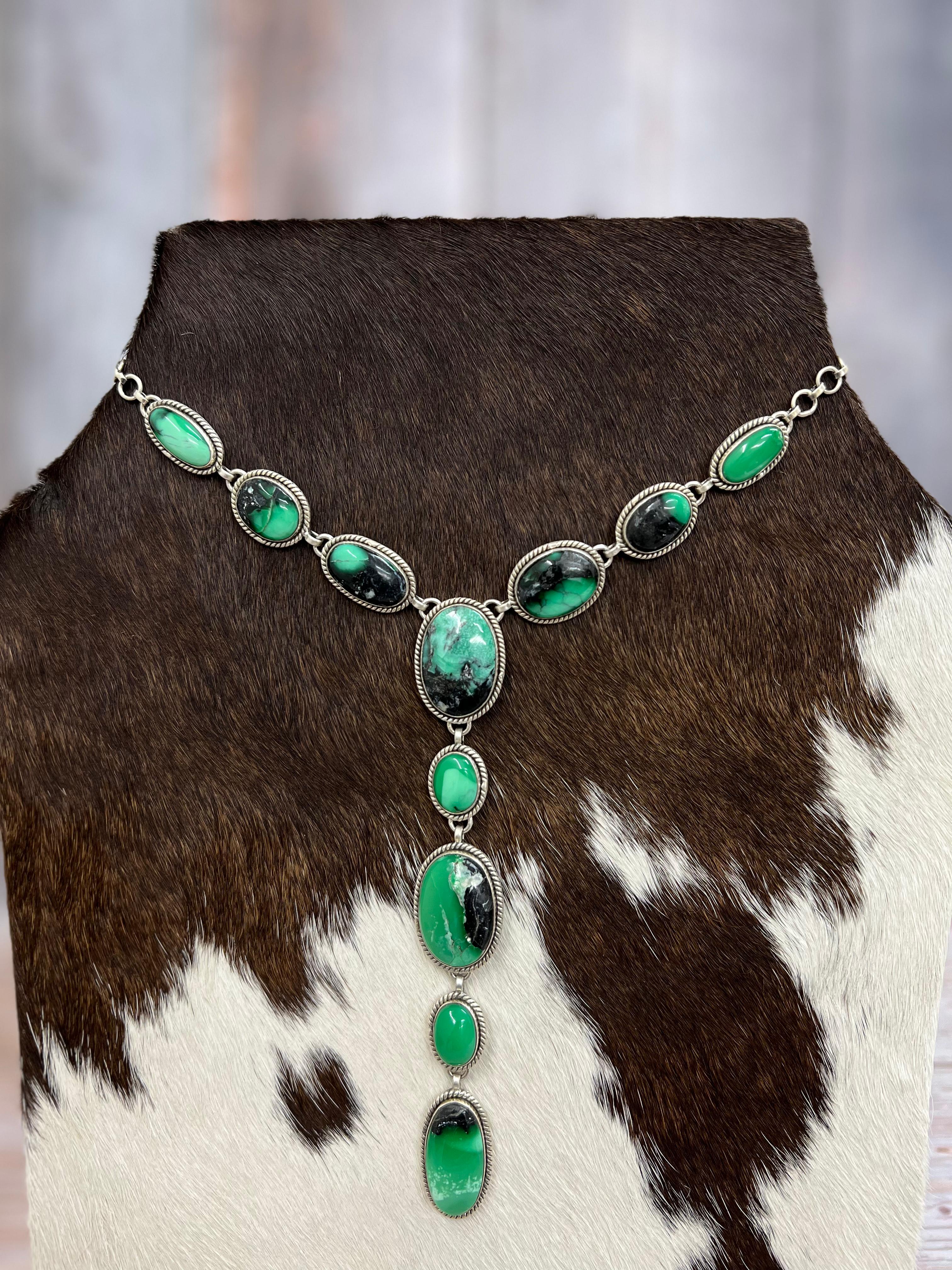 Handmade Sterling Silver Emerald Rose Necklace with Signed Nizhoni