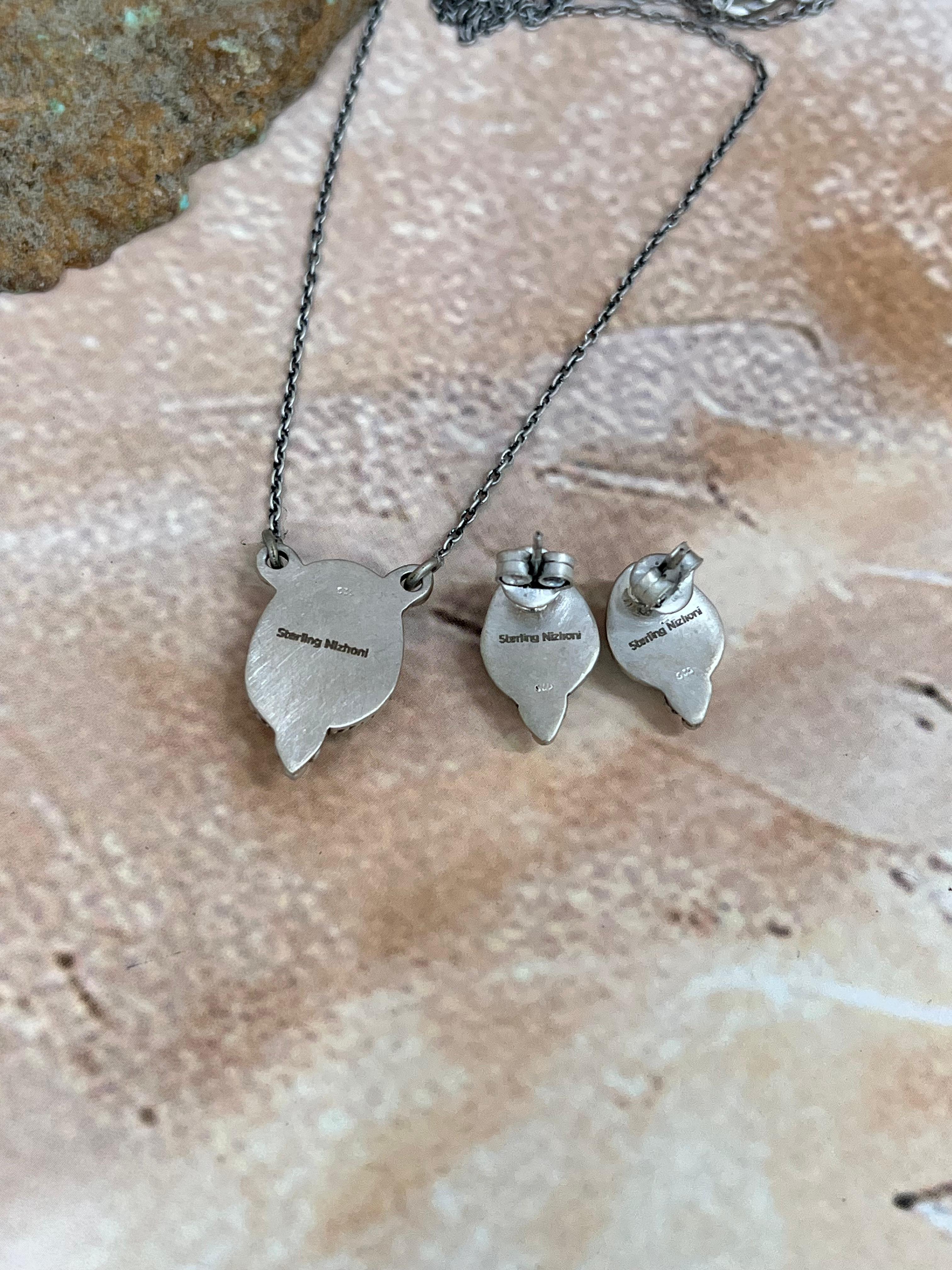 Handmade Sterling Silver Peacock Dahlia Necklace Earrings Set with Signed Nizhoni