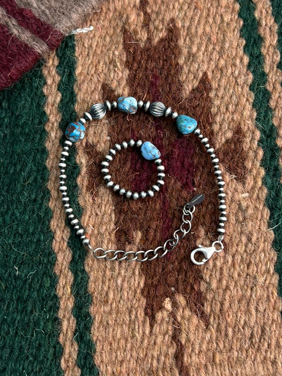 Handmade Sterling Silver Beaded Golden Hills Turquoise Bracelet and Ring Set