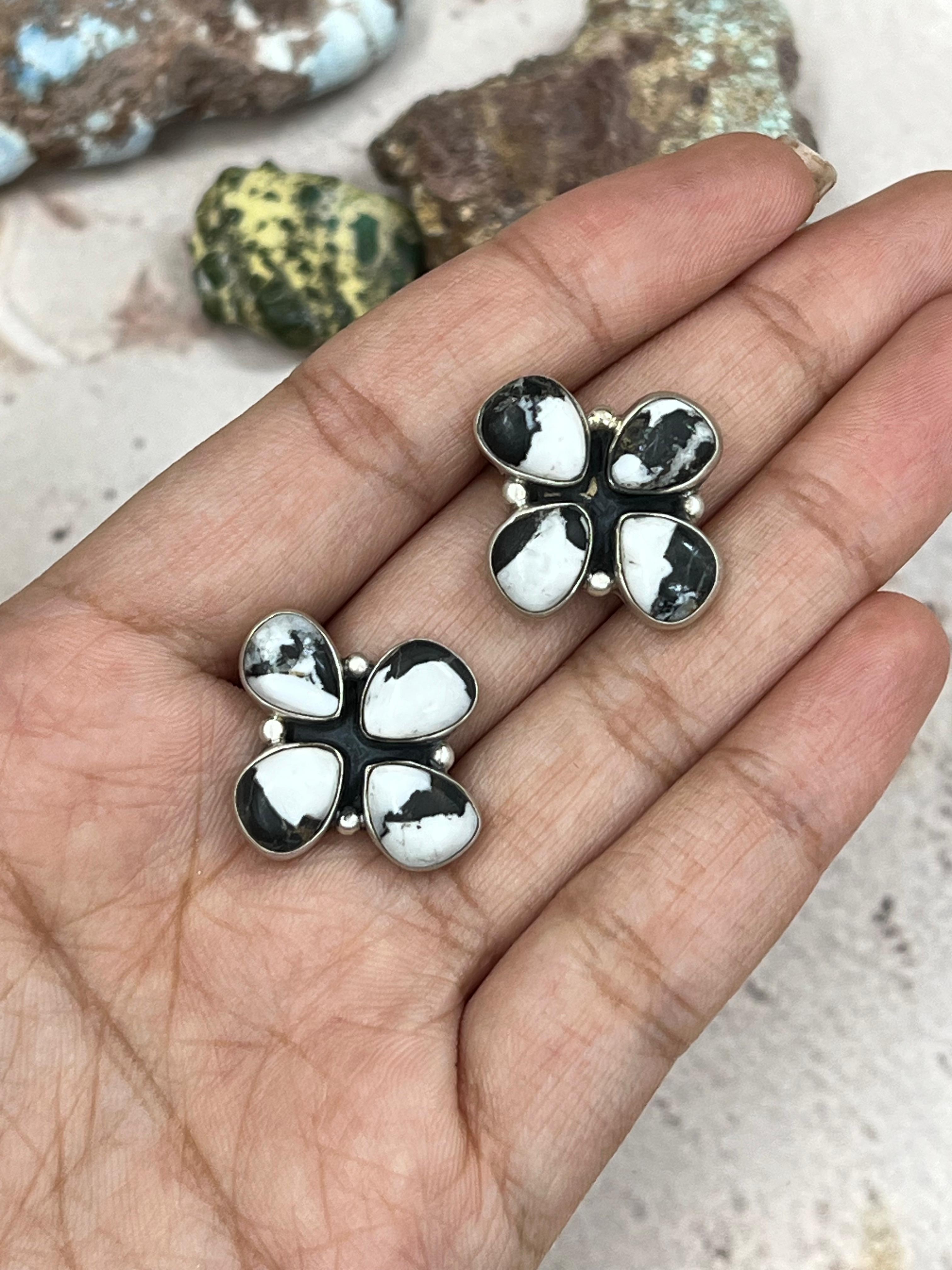 Handmade Sterling Silver White Buffalo Turquoise Earrings with Signed Nizhoni