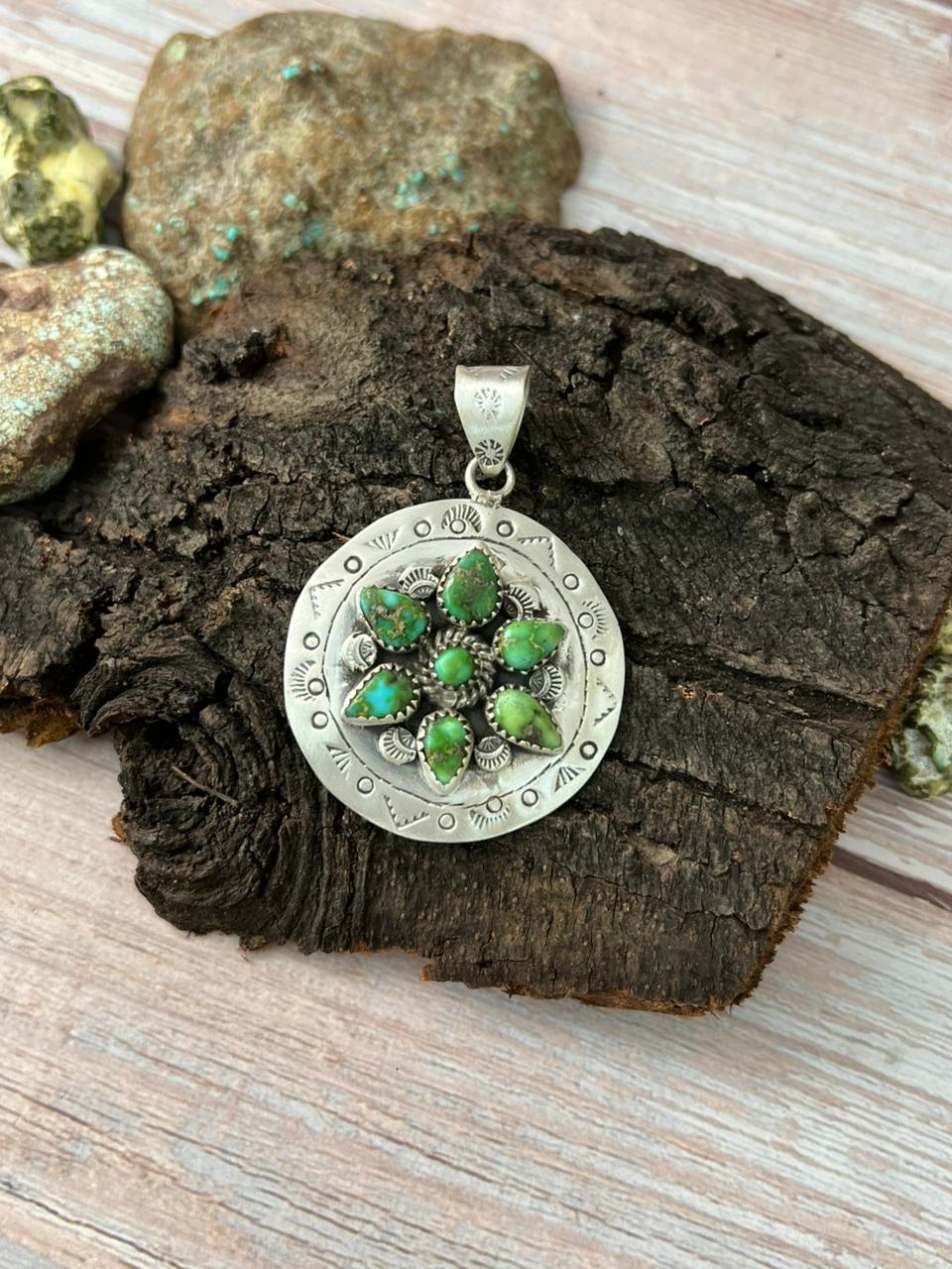 Handmade Sterling Silver Sonoran Mountain Turquoise Pendant with Signed Nizhoni