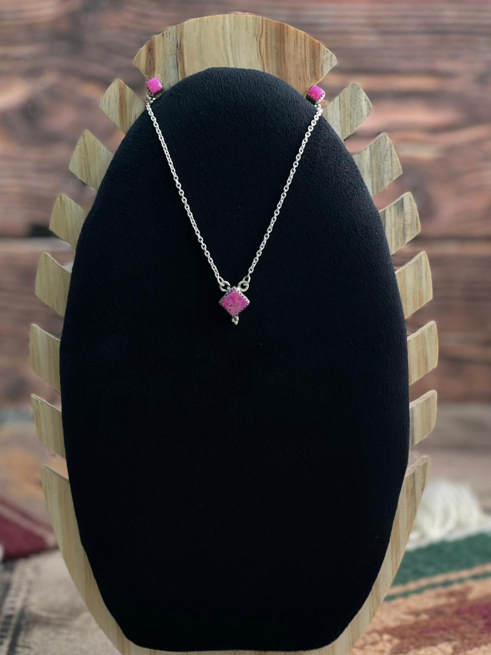 Handmade Sterling Silver Hot Pink Necklace Earrings Set "Signed Nizhoni"