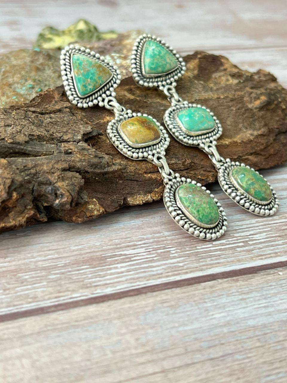 Handmade Sterling Silver Mantis Turquoise Post Dangle Earrings with Signed Nizhoni