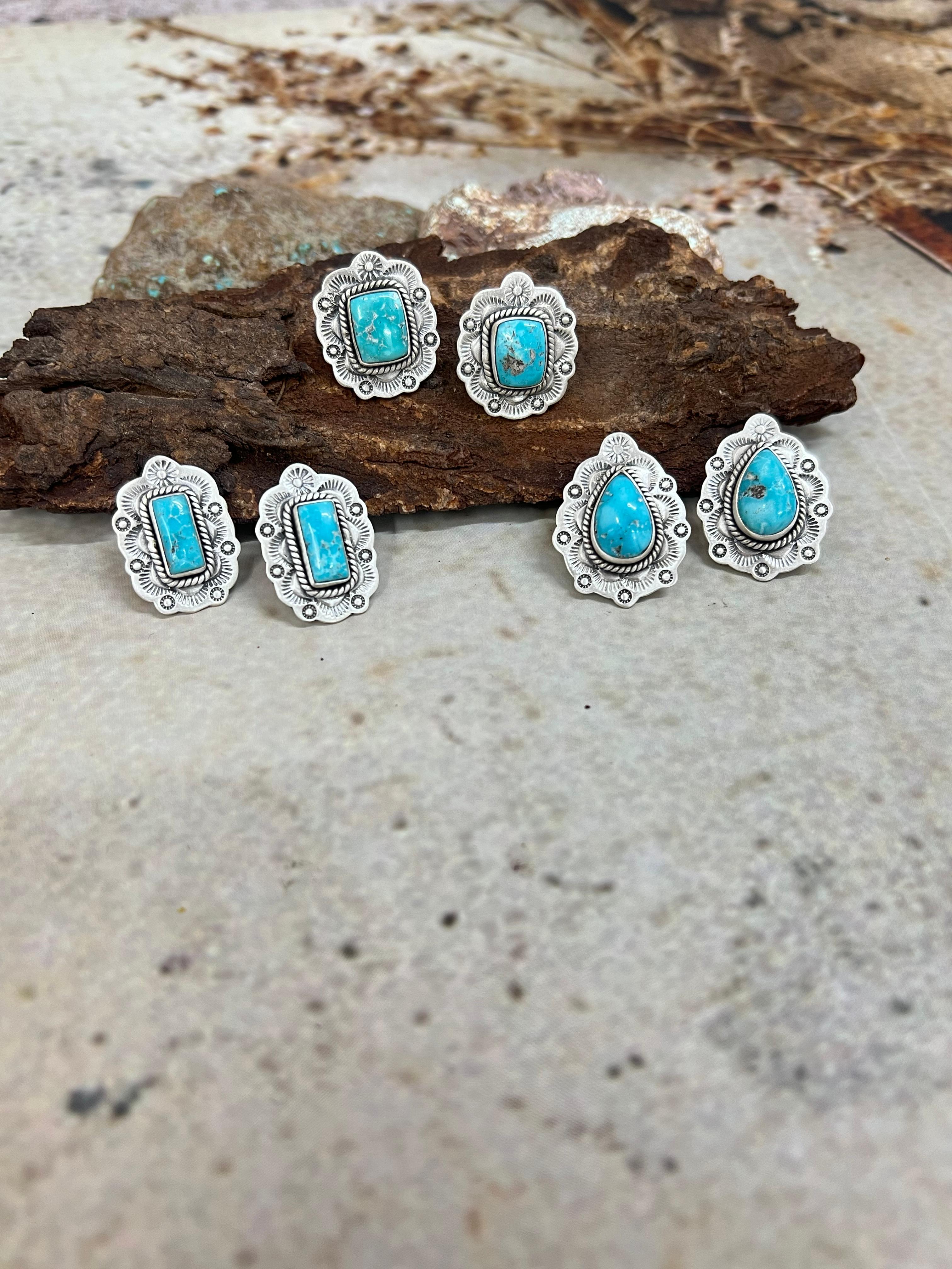 Handmade Sterling Silver White Water Turquoise Post Studs with Signed Nizhoni