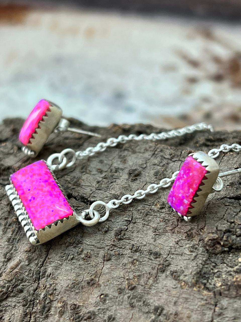 Handmade Sterling Silver Hot Pink Bar Necklace Earrings Set "Signed Nizhoni"