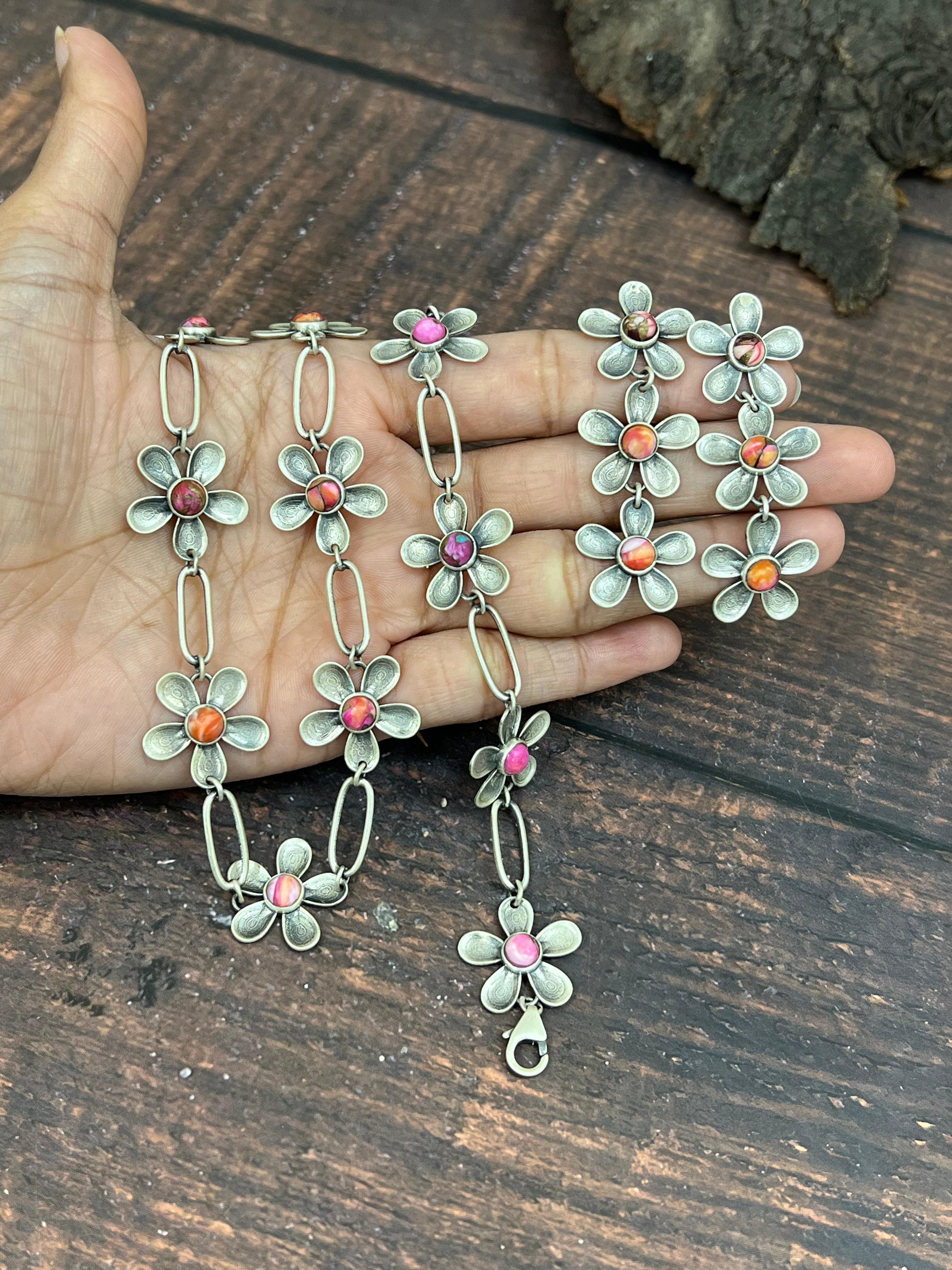Handmade Sterling Silver Pink Dream Mojave Daisy Necklace Earrings & Bracelet Set with Signed Nizhoni
