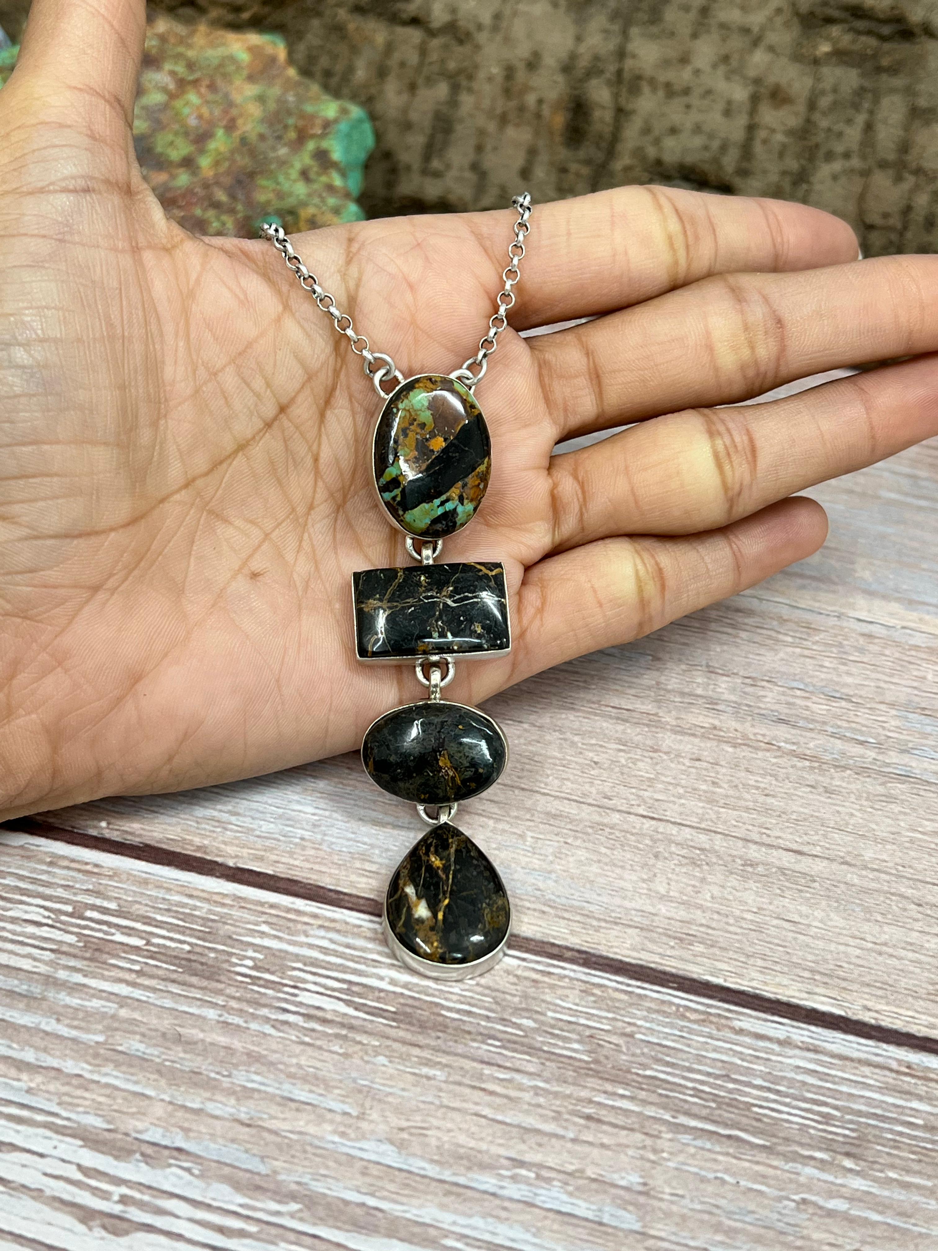 Handmade Sterling Silver Black Jack Necklace with Signed Nizhoni