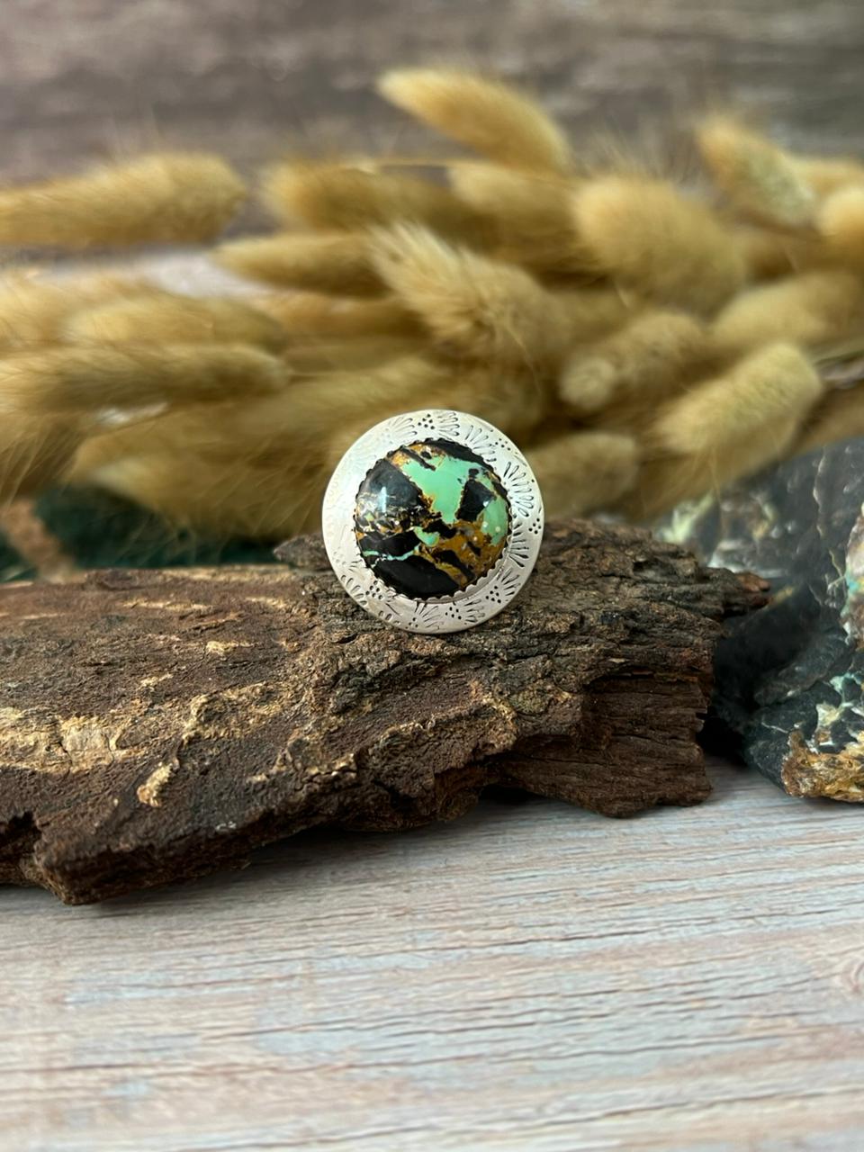 Handmade Sterling Silver Blackjack Turquoise Adjustable Ring "Signed Nizhoni"