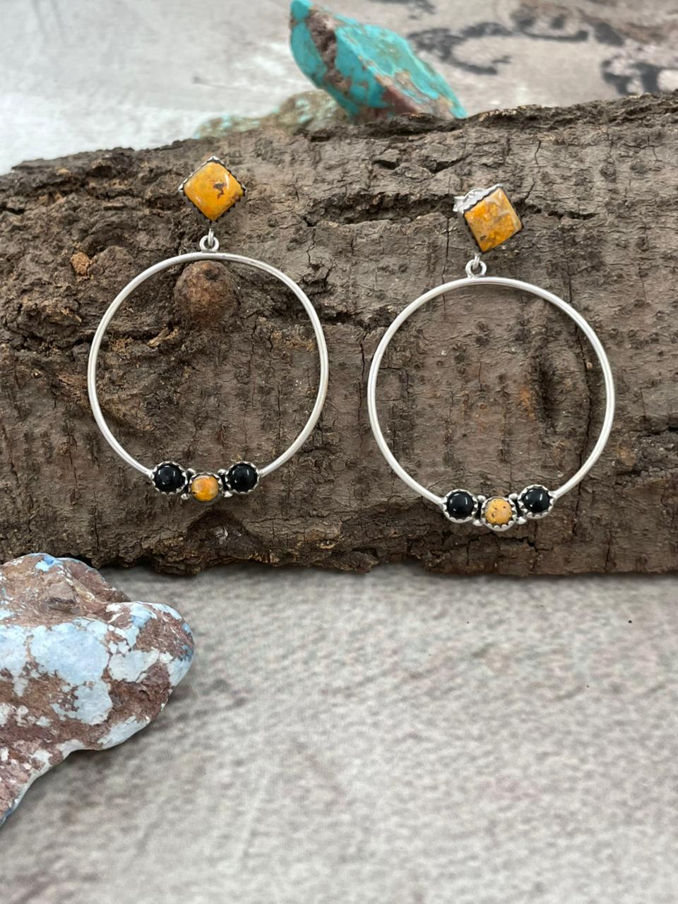 Handmade Sterling Silver Bumblebee with Black Onyx Post Hoop Earrings with Signed Nizhoni