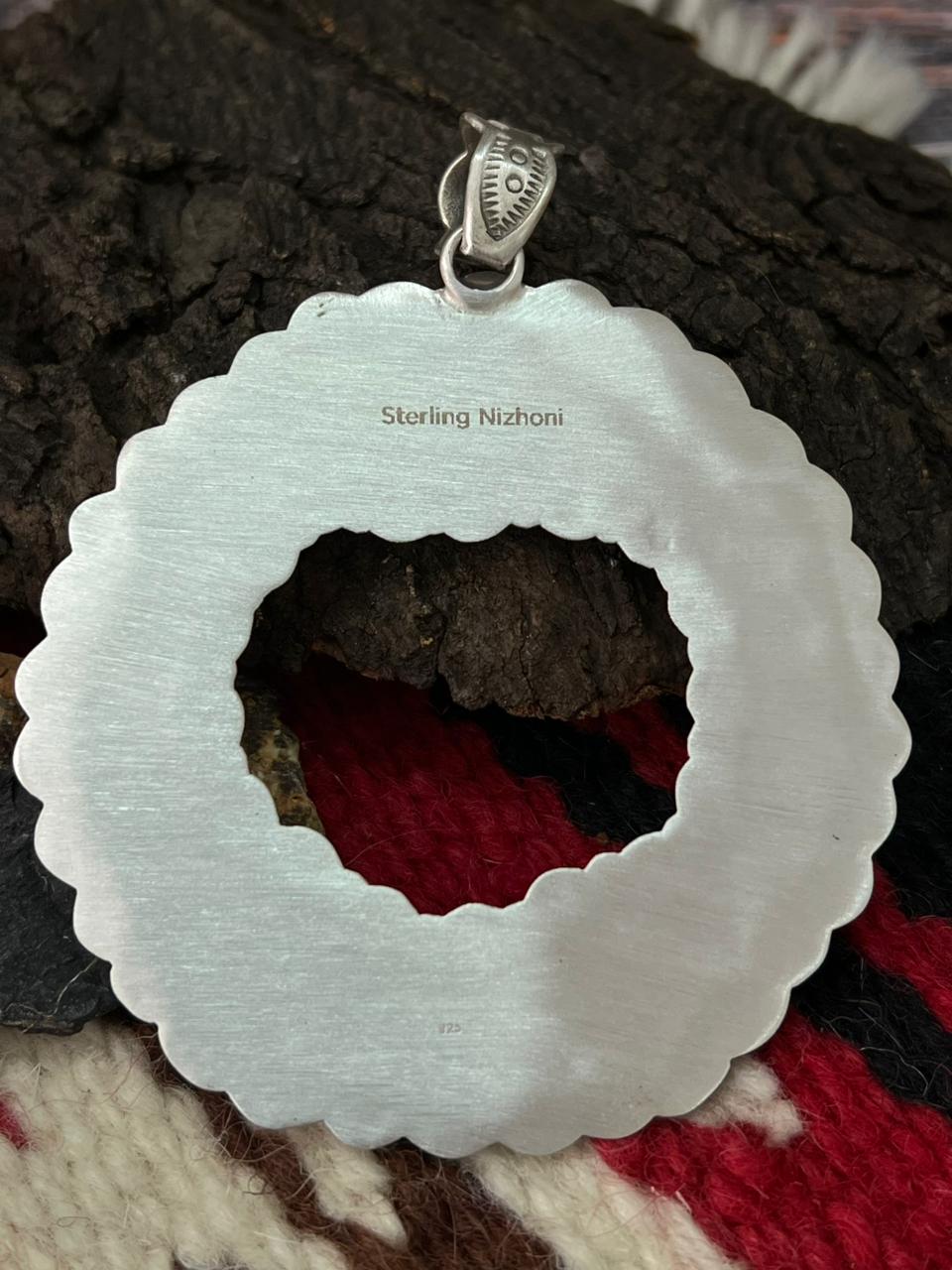 "Christmas Collection" Handmade Sterling Silver White Buffalo with Coral Pendant "Signed Nizhoni"