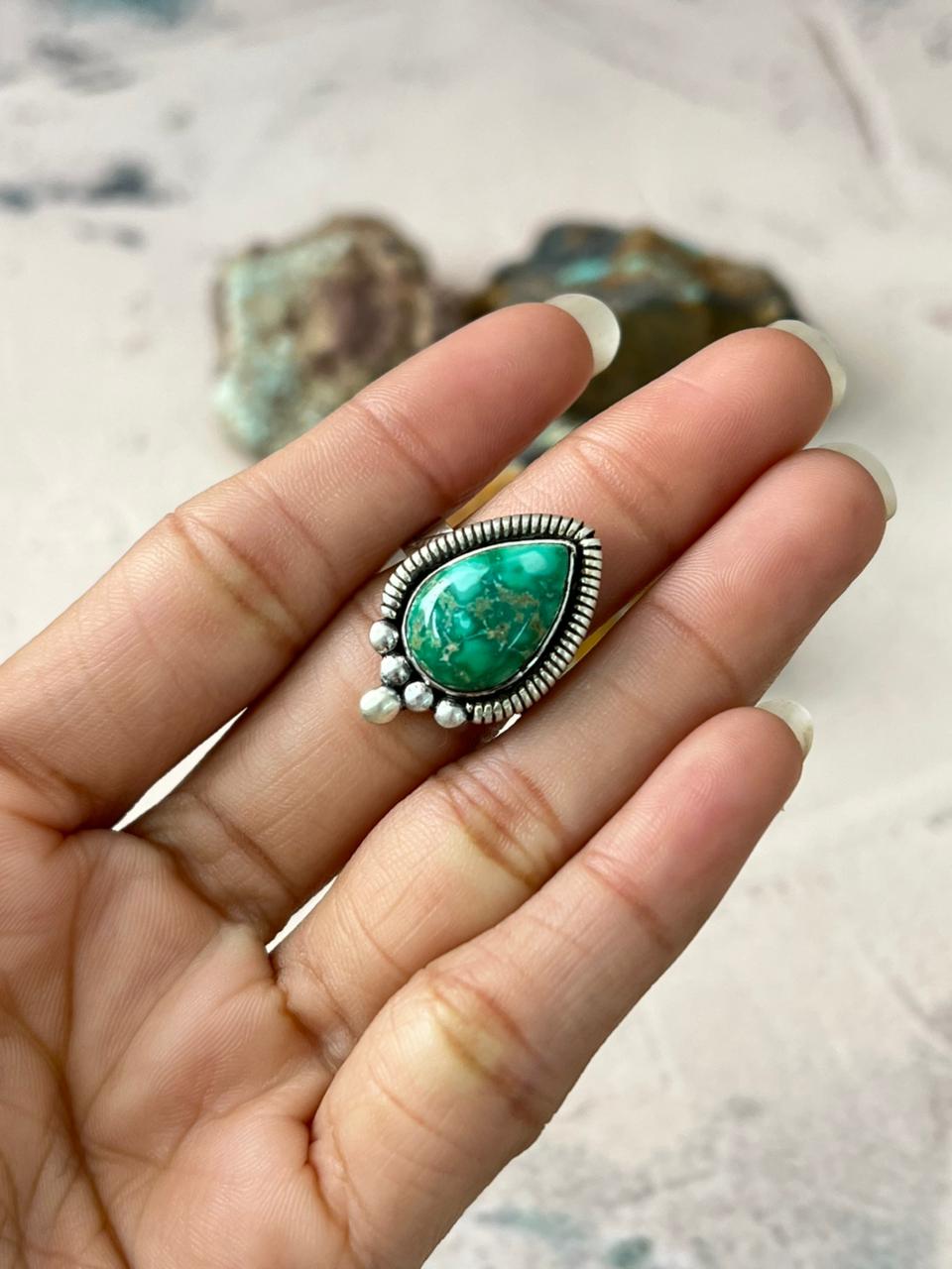 Handmade Sterling Silver Emerald Valley Turquoise Adjustable Ring "Signed Nizhoni"