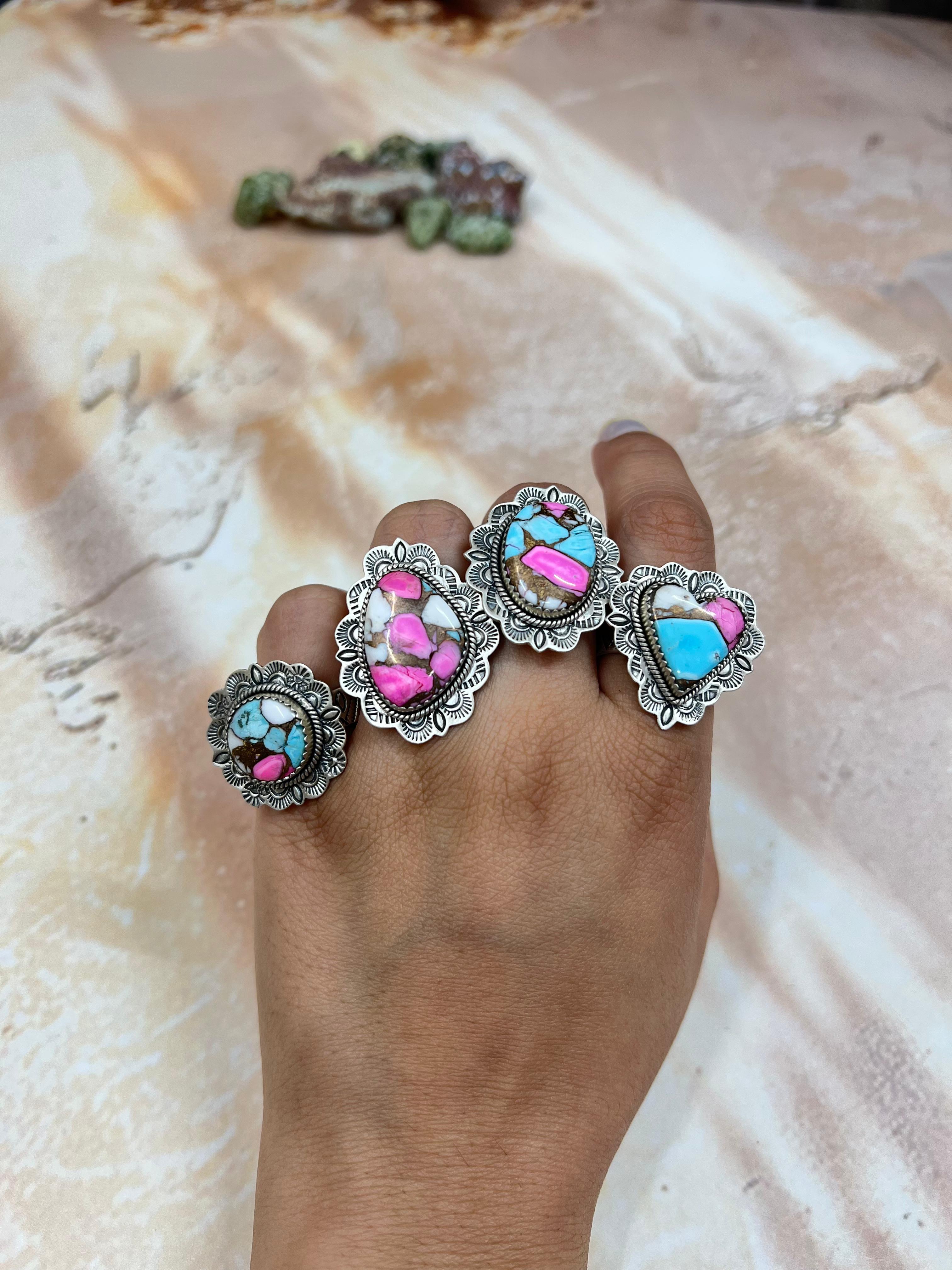 Handmade Sterling Silver Cotton Candy Turquoise Adjustable Ring, Signed Nizhoni