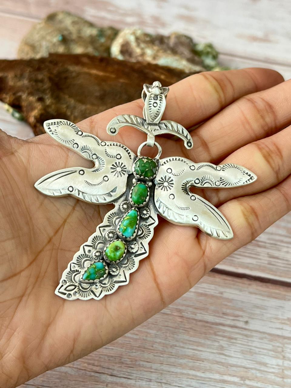 Handmade Sterling Silver Sonoran Mountain Turquoise Butterfly Pendant with Signed Nizhoni