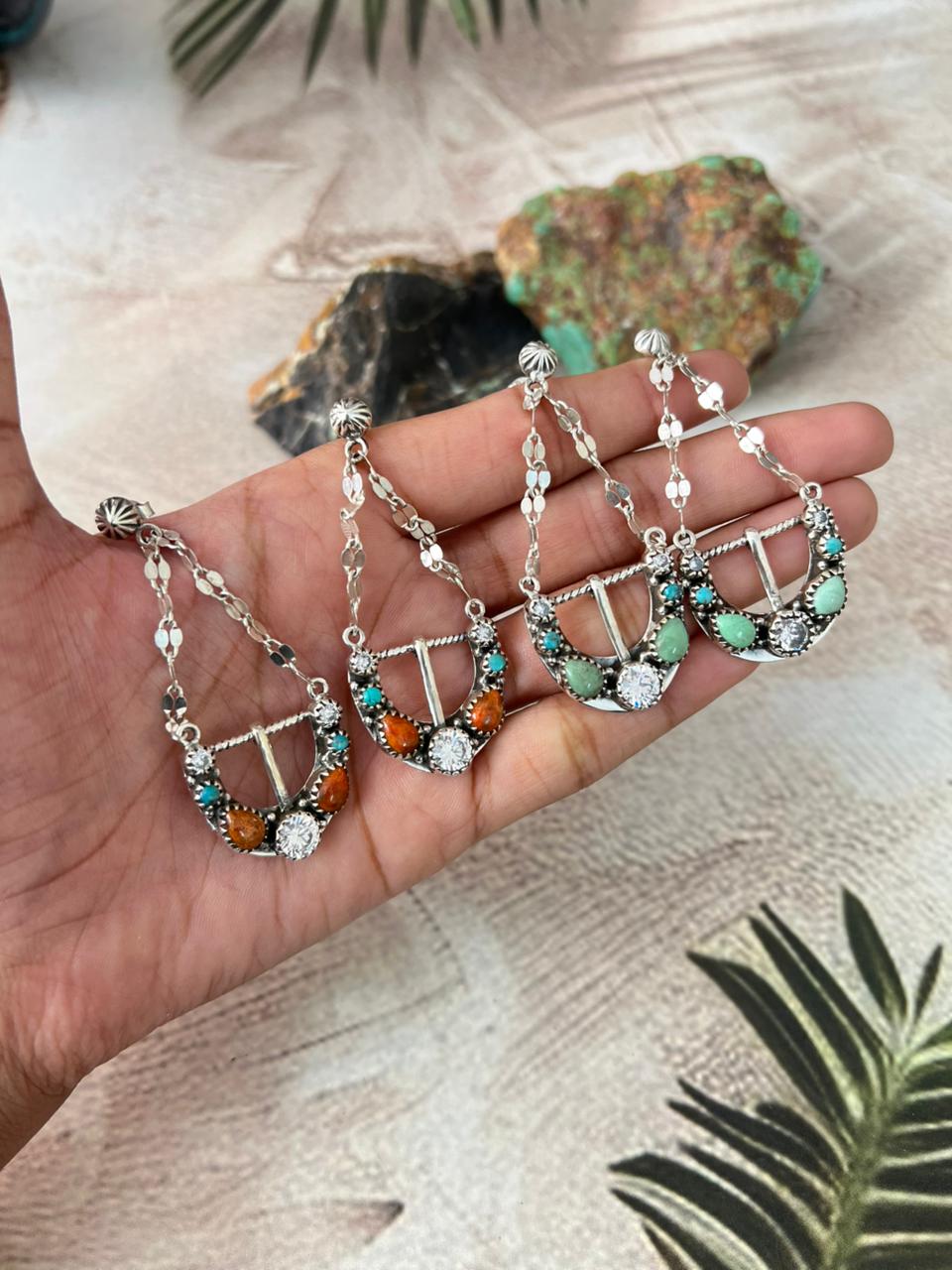 Handmade Sterling Silver Multi Stone Post Dangle Earrings "Signed Nizhoni"