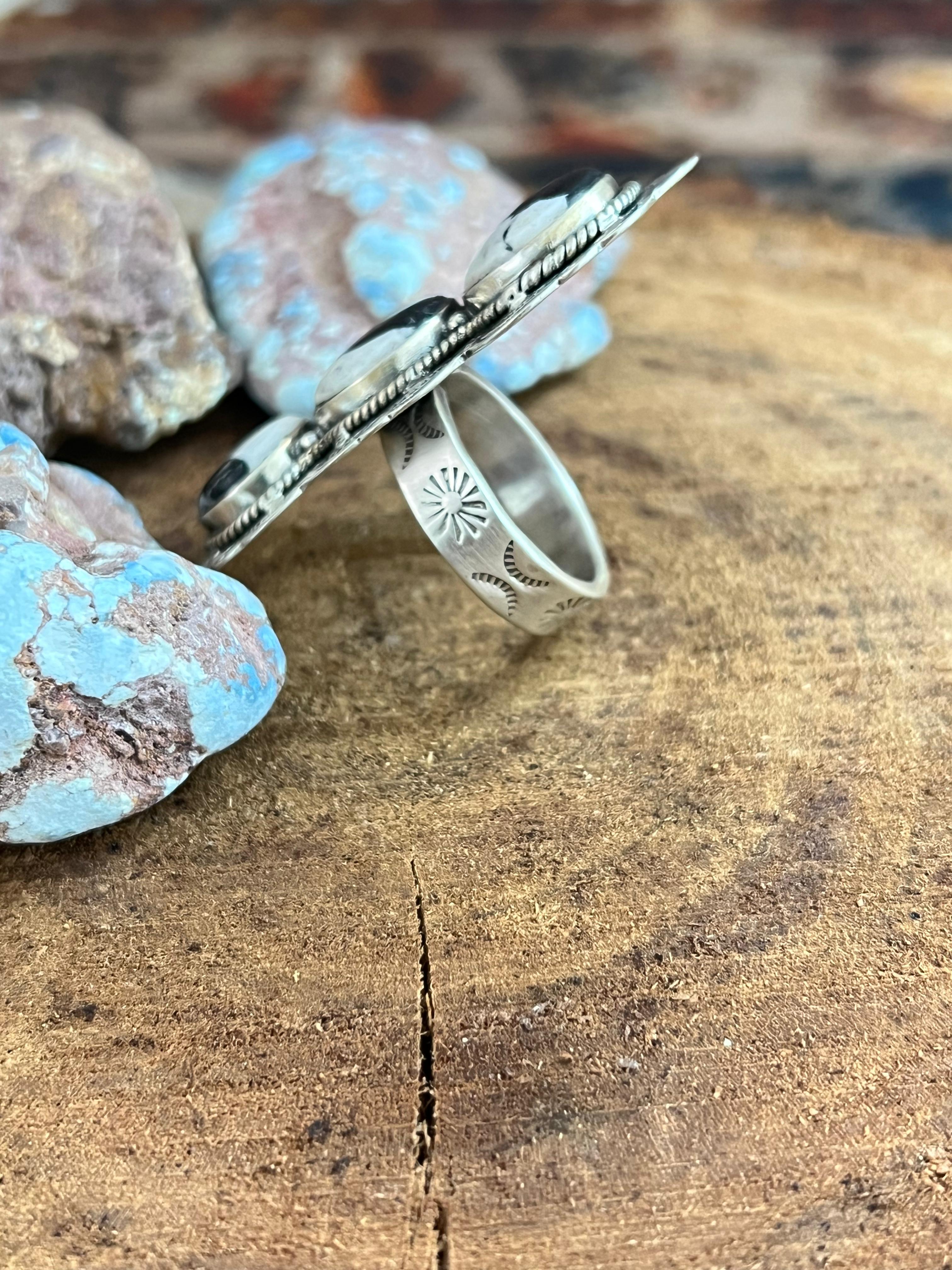 Handmade Sterling Silver White Buffalo Adjustable Ring, Signed Nizhoni