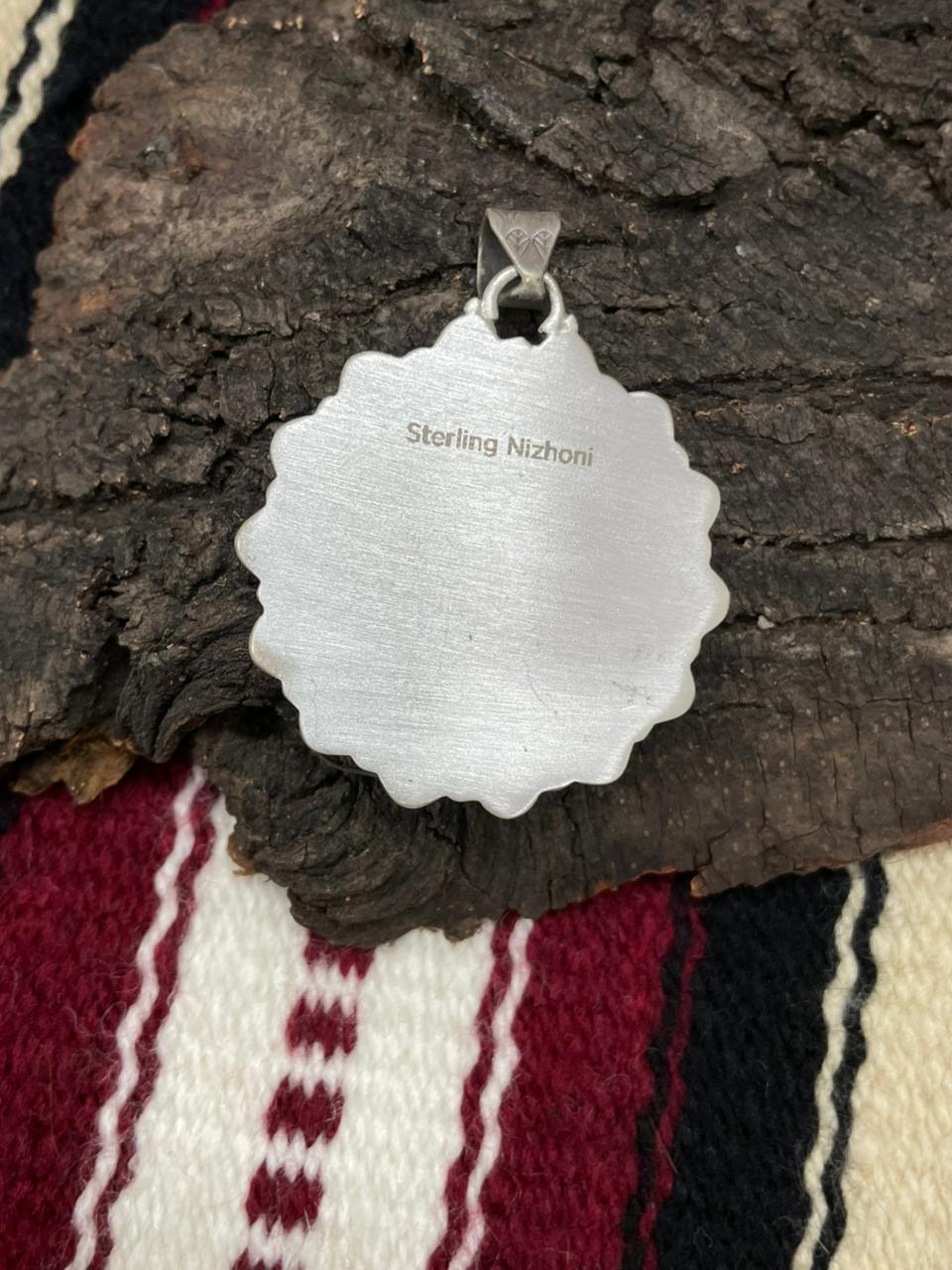 "Christmas Collection" Handmade Sterling Silver Red Opal with White Buffalo Pendant " Signed Nizhoni"