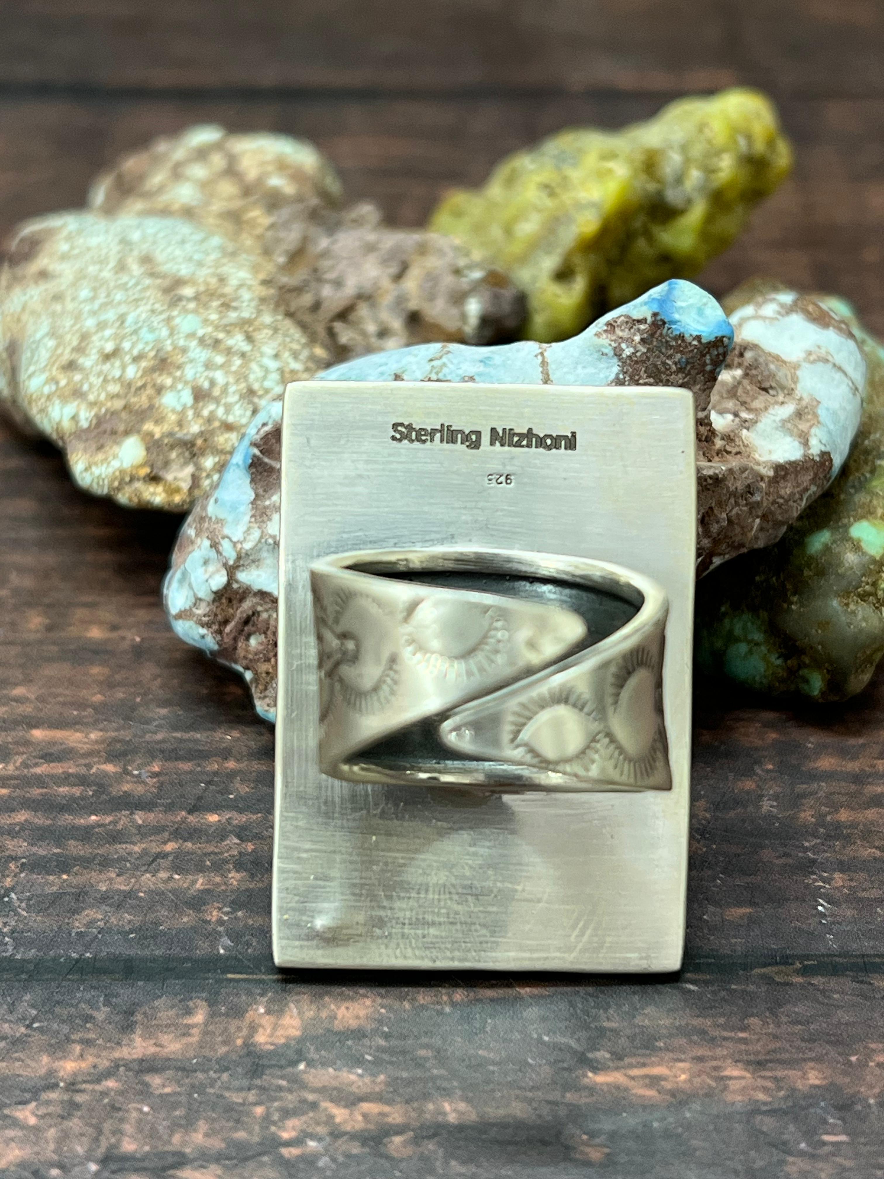 Handmade Sterling Silver Emerald Rose Adjustable Ring with Signed Nizhoni