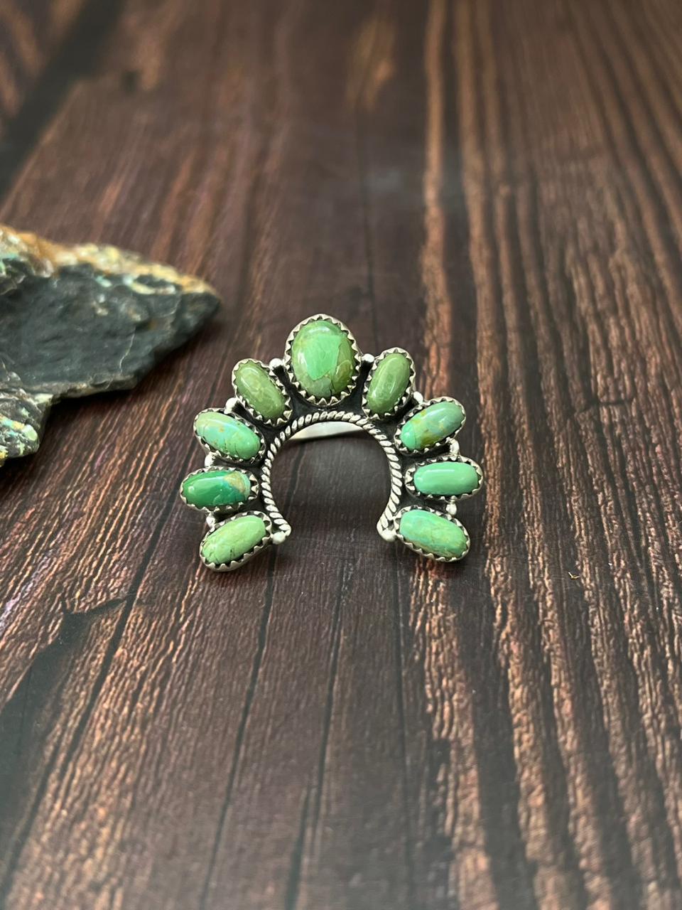 Handmade Sterling Silver Kingman Turquoise Naja Adjustable Ring "Singed Nizhoni"