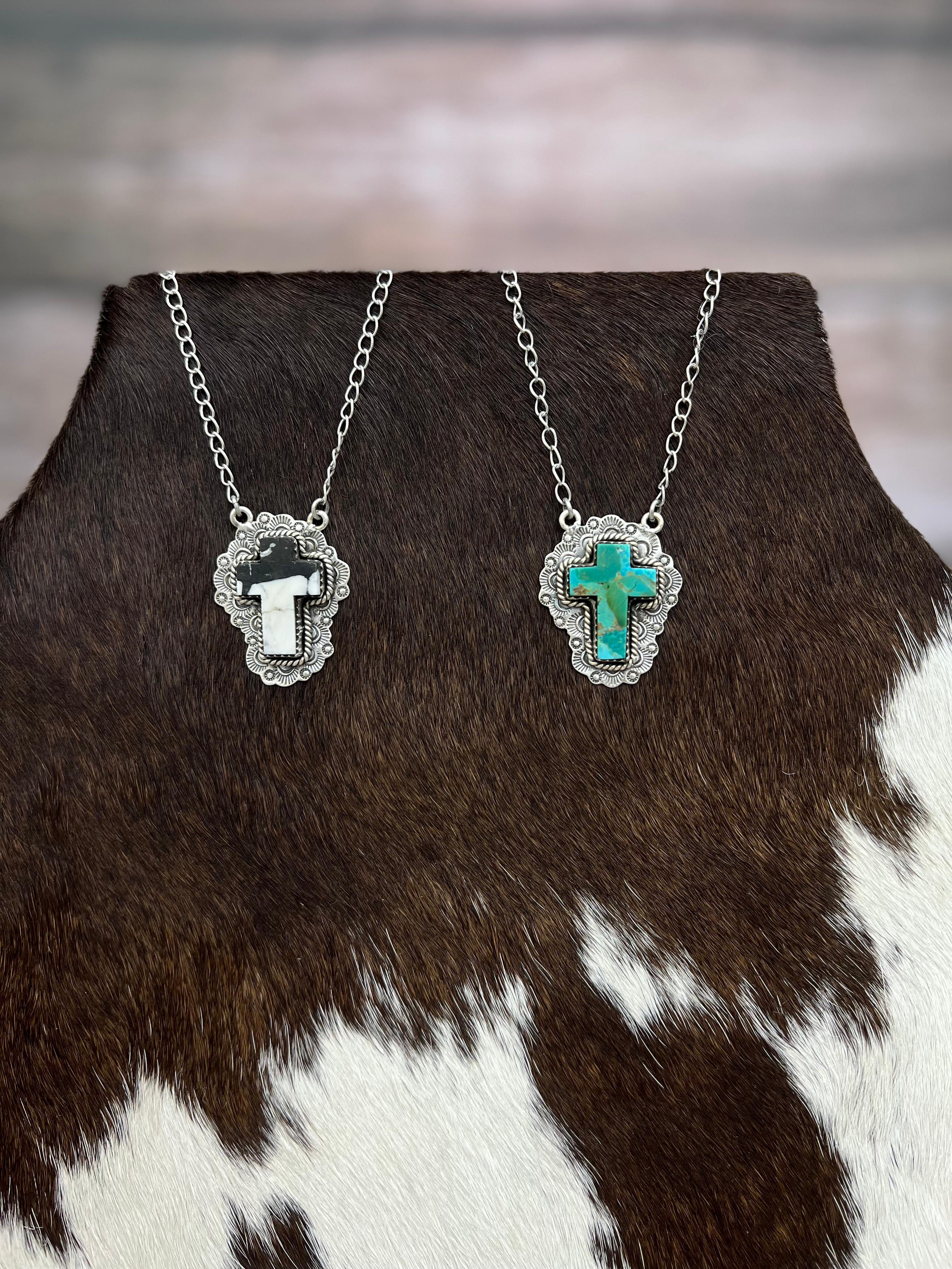 Handmade Sterling Silver White Buffalo, Kingman Turquoise Cross Necklace Signed Nizhoni (1)