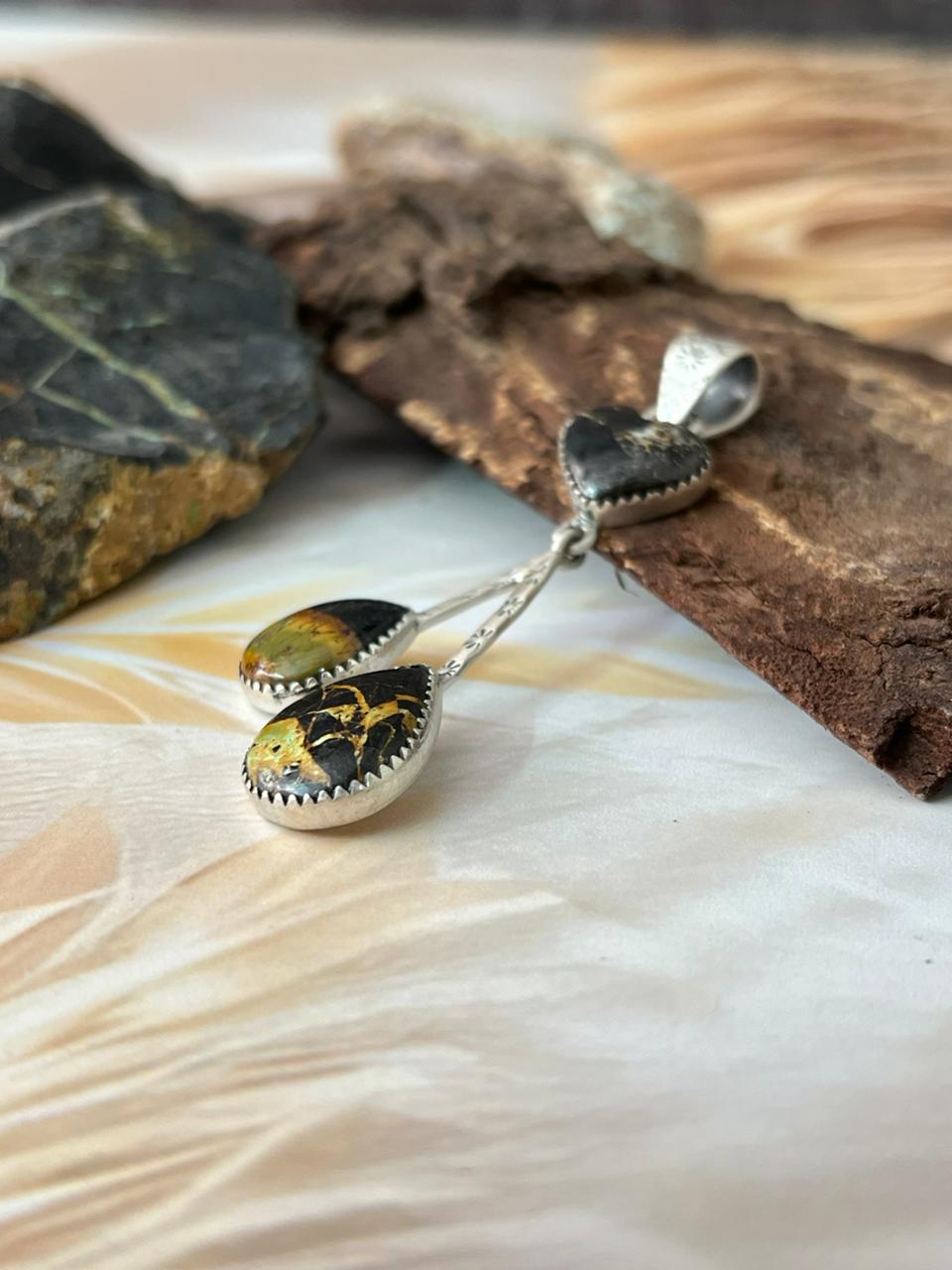 Handmade Sterling Silver Blackjack Turquoise Pendant "Signed Nizhoni"